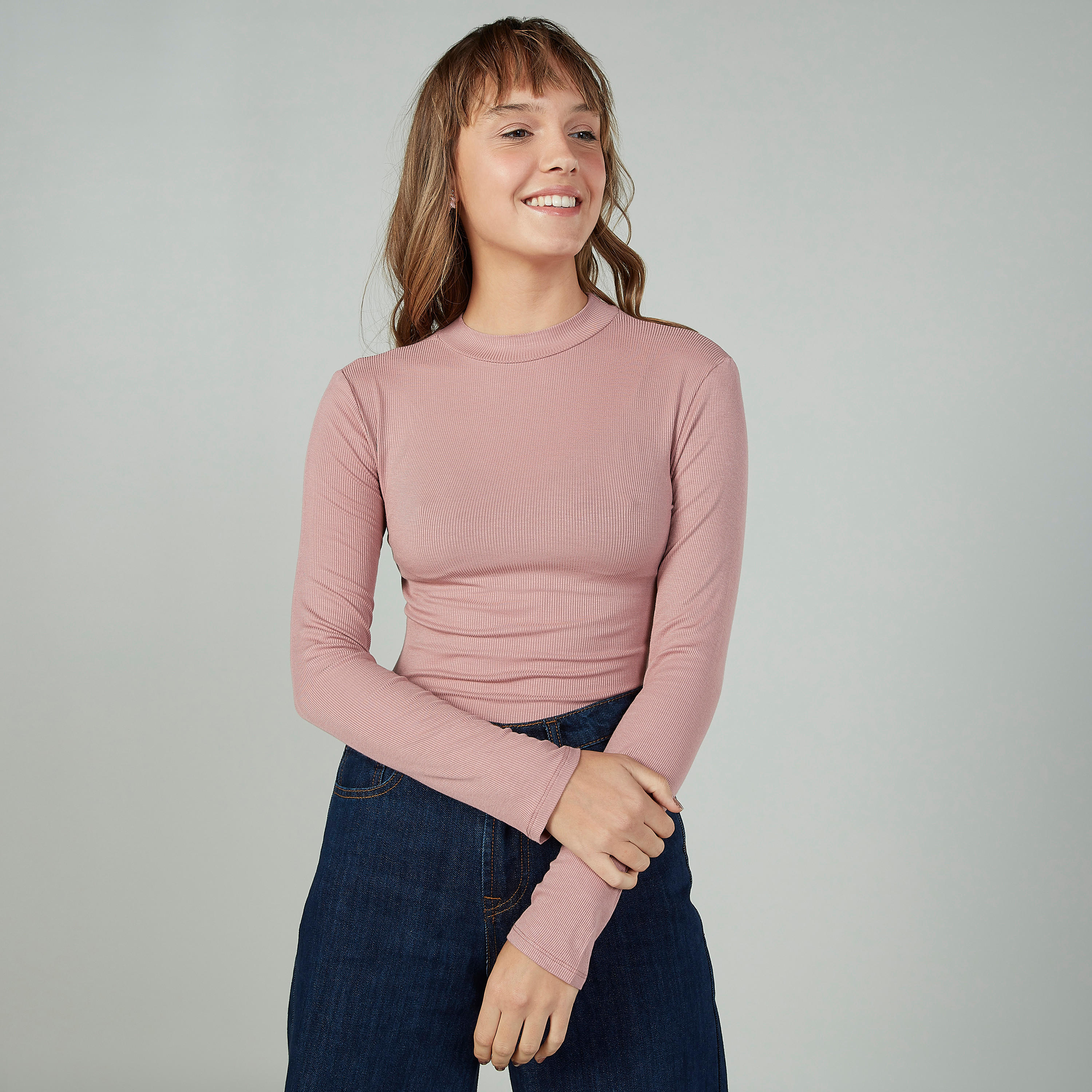تيشيرت بارز الملمس بياقة عالية وأكمام طويلة-women-clothing-tshirts-image-1