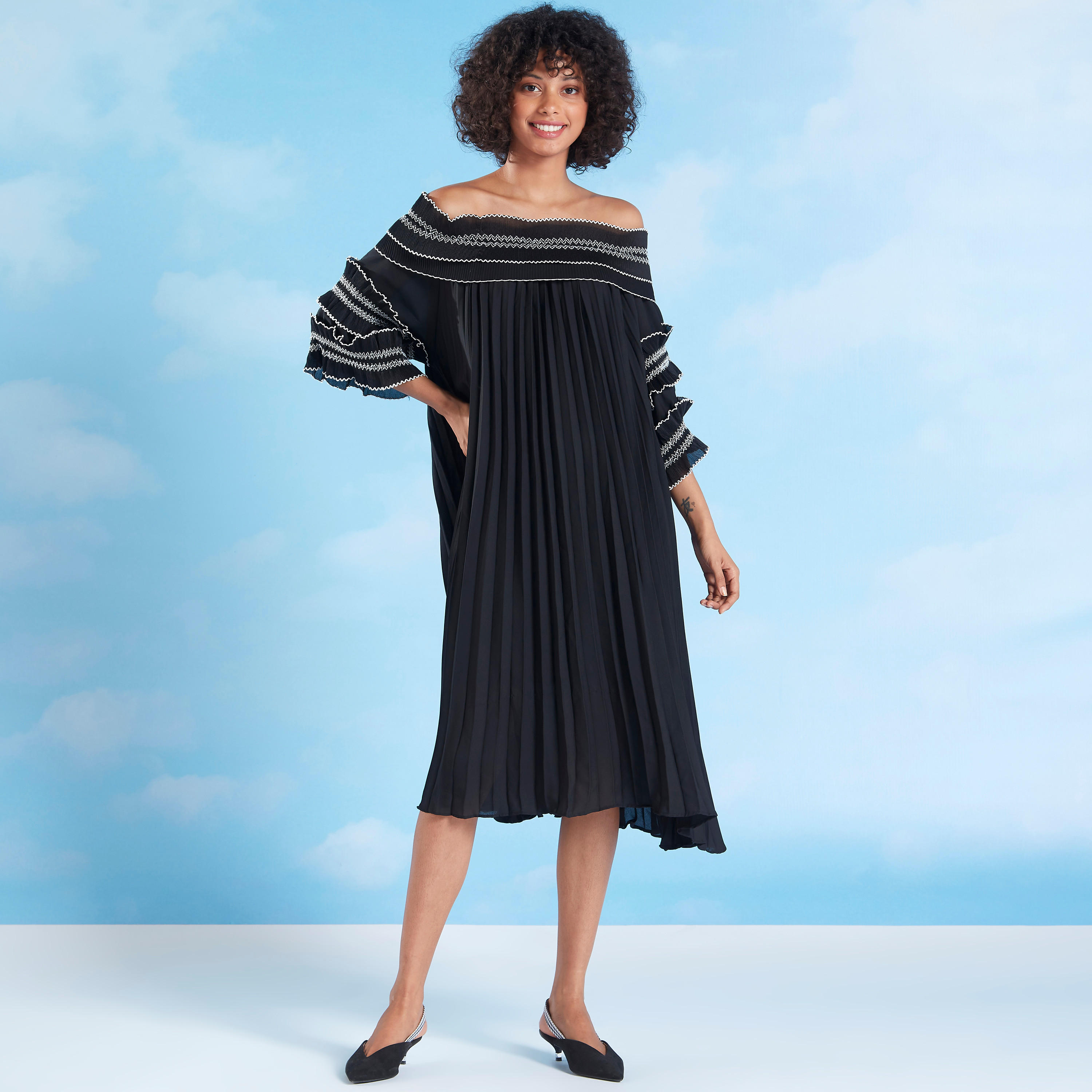 فستان سوينج متوسط الطولبارز الملمس بأكتاف مكشوفة وأكمام 3/4-women-clothing-dresses-image-1