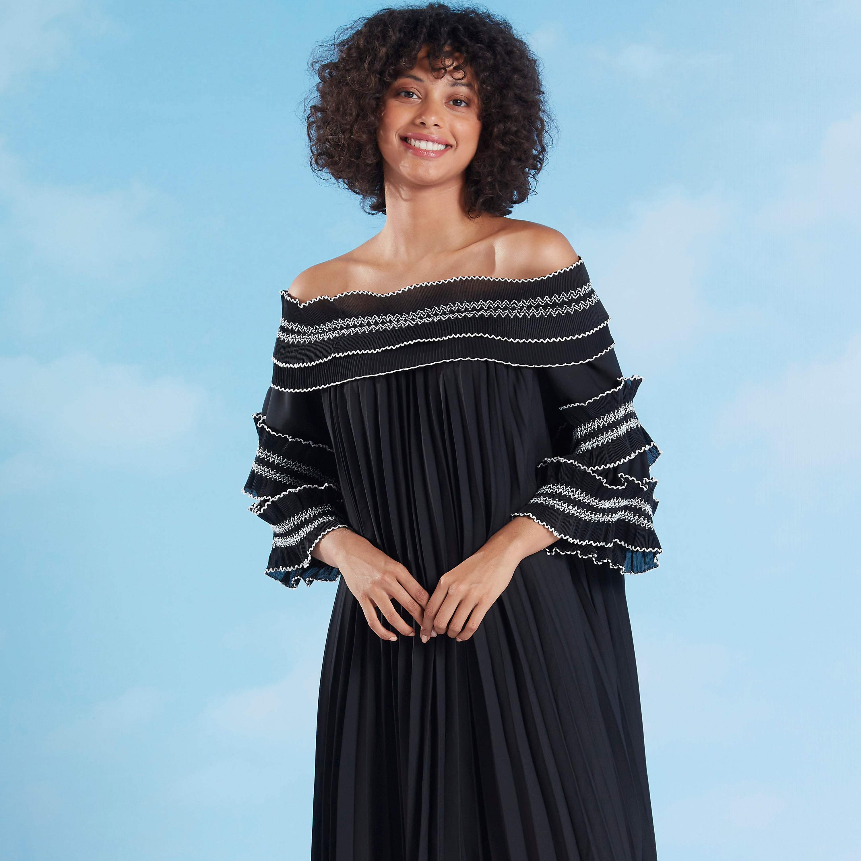 فستان سوينج متوسط الطولبارز الملمس بأكتاف مكشوفة وأكمام 3/4-women-clothing-dresses-image-2