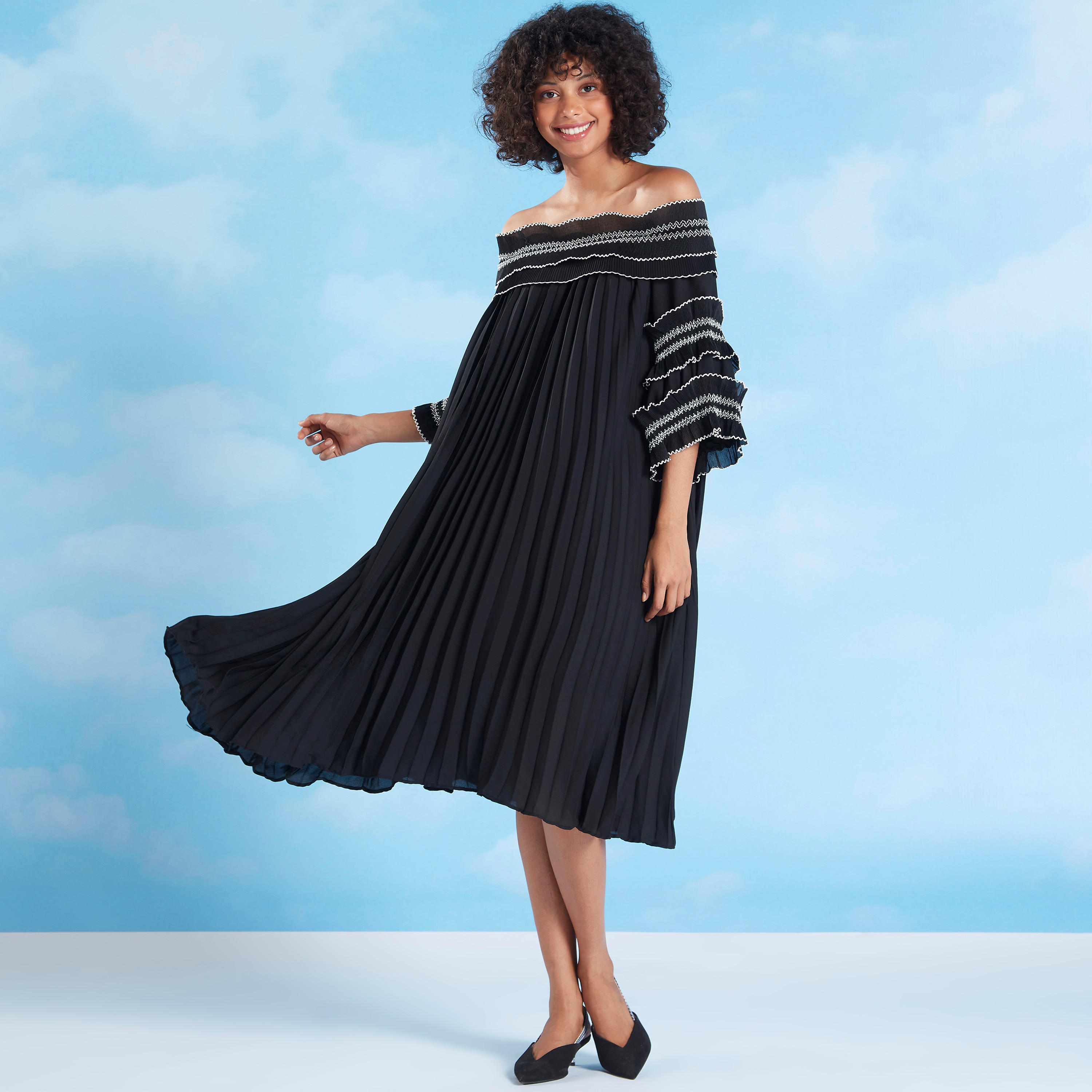 فستان سوينج متوسط الطولبارز الملمس بأكتاف مكشوفة وأكمام 3/4-women-clothing-dresses-image-3