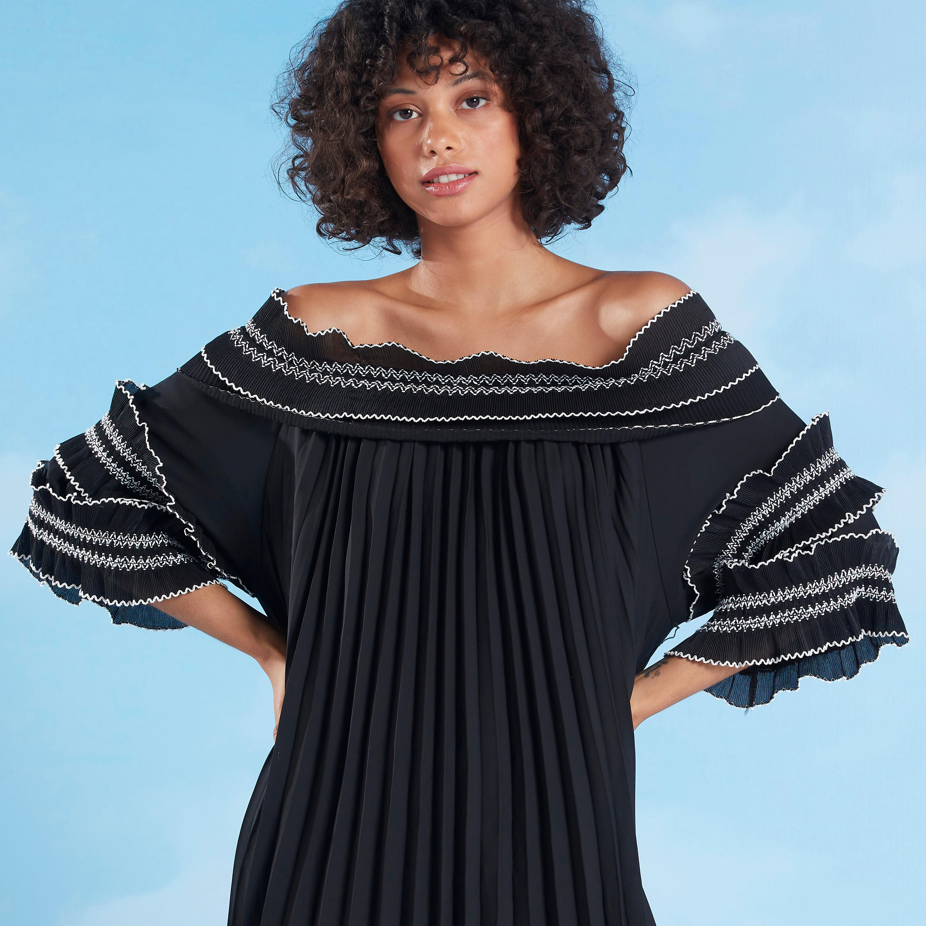 فستان سوينج متوسط الطولبارز الملمس بأكتاف مكشوفة وأكمام 3/4-women-clothing-dresses-image-4