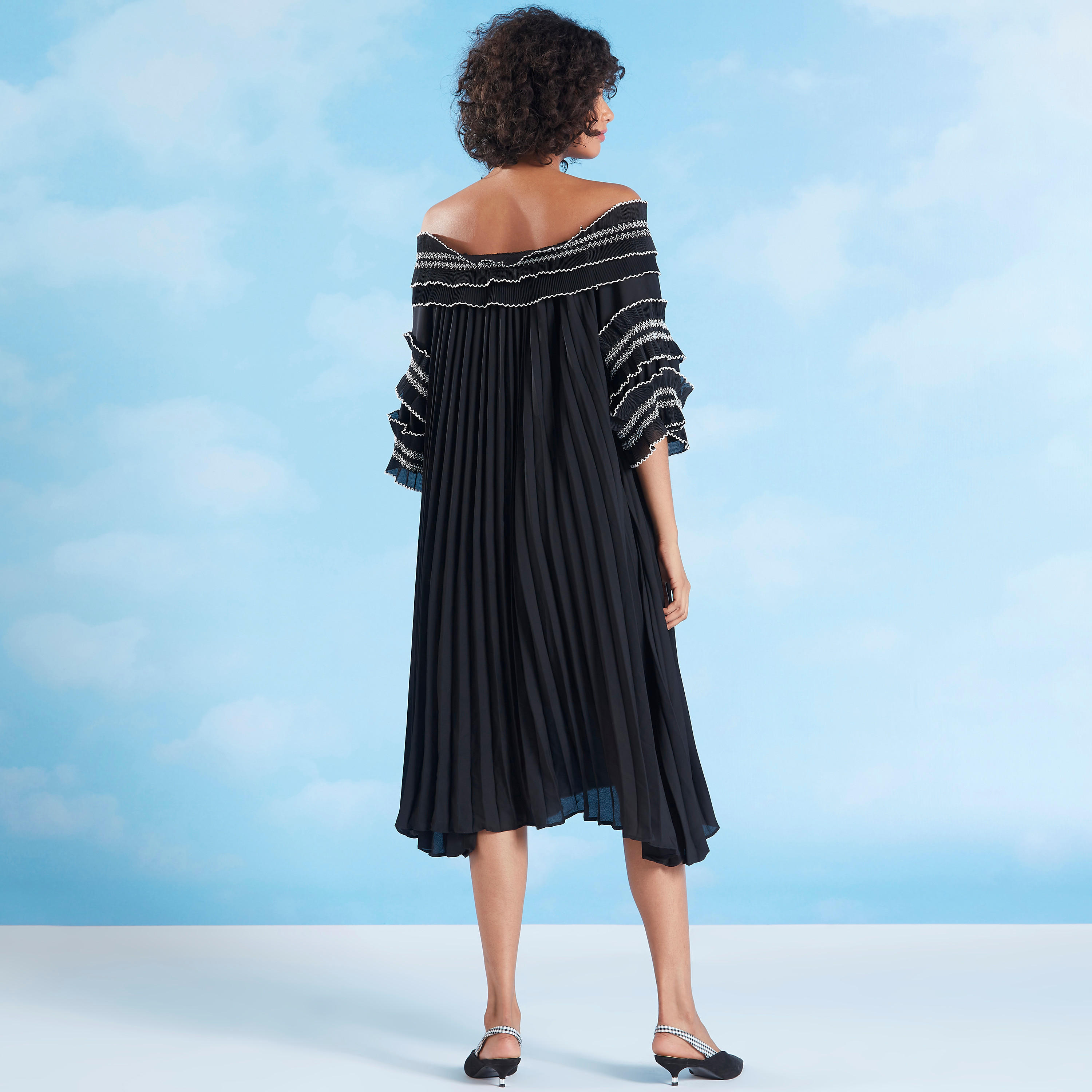 فستان سوينج متوسط الطولبارز الملمس بأكتاف مكشوفة وأكمام 3/4-women-clothing-dresses-image-5