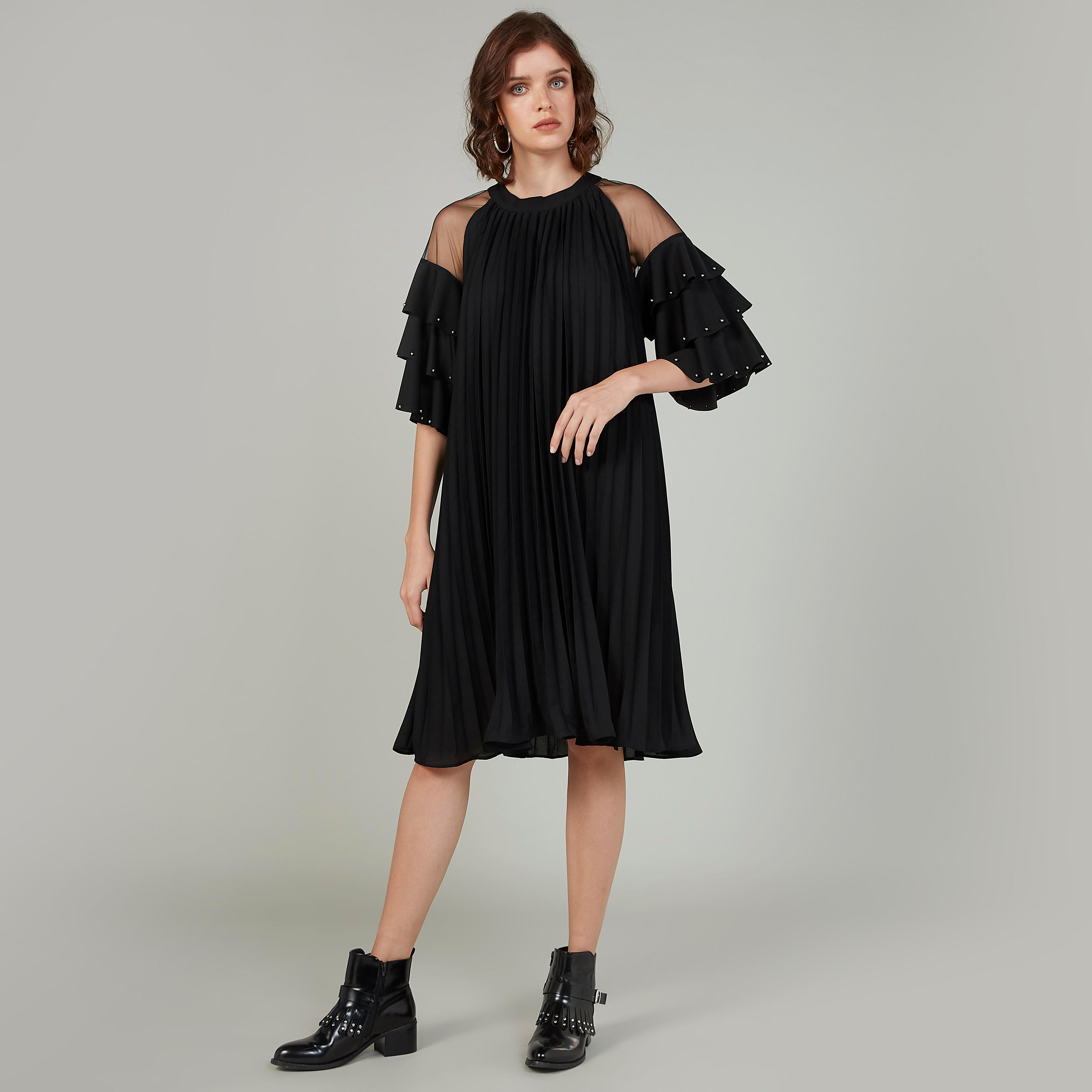 فستان ميدي ايه لاين بارز الملمس بياقة مستديرة وأكمام بتفاصيل كشكش-women-clothing-dresses-image-1
