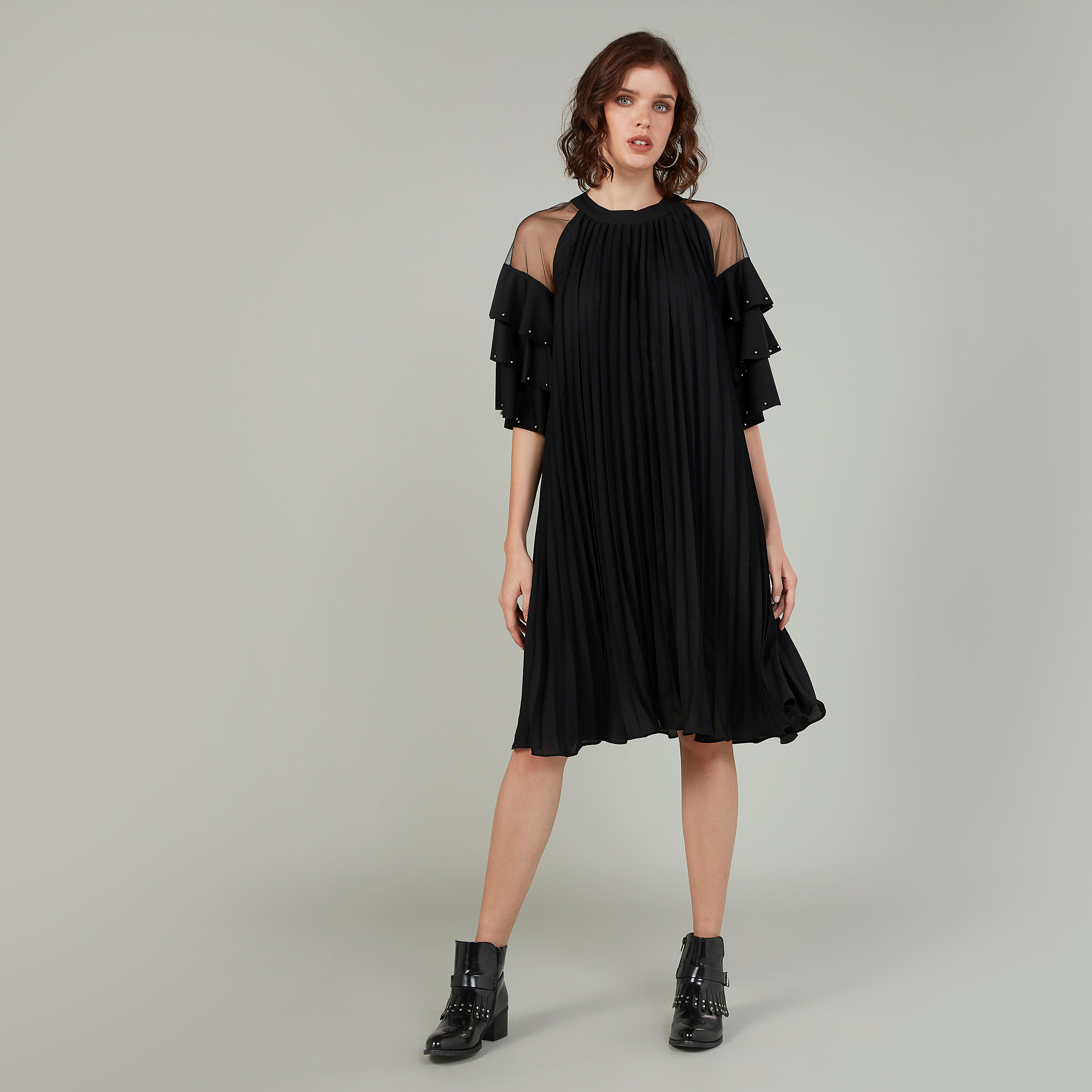 فستان ميدي ايه لاين بارز الملمس بياقة مستديرة وأكمام بتفاصيل كشكش-women-clothing-dresses-image-2