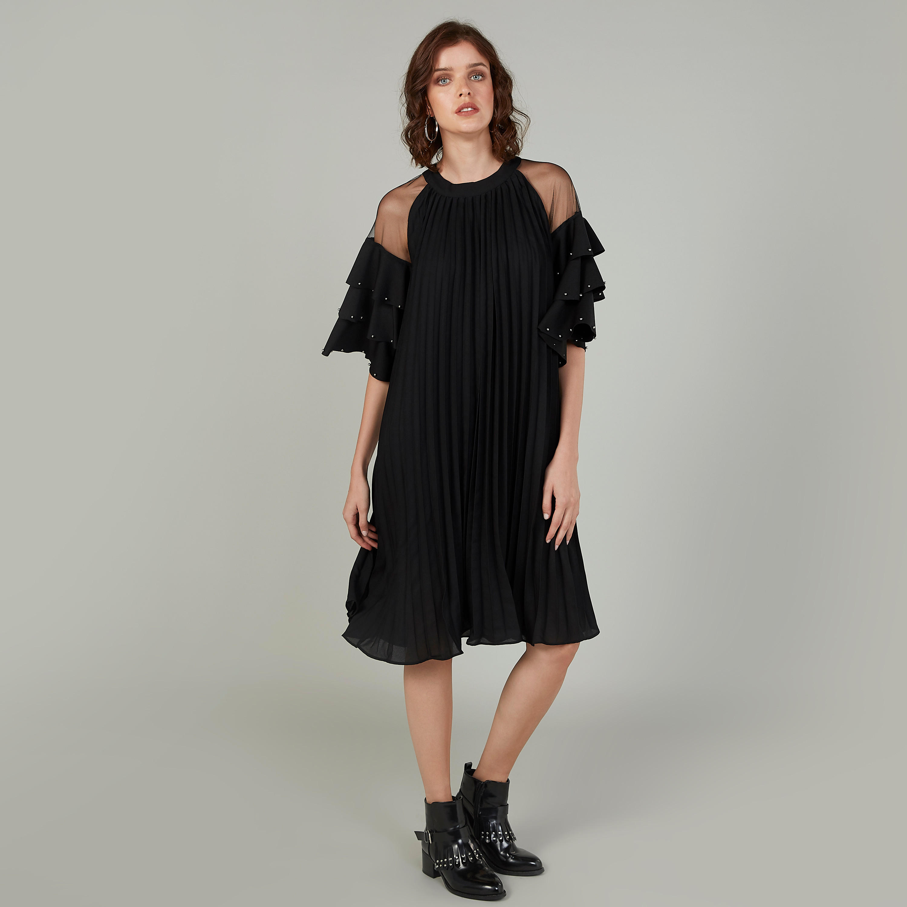 فستان ميدي ايه لاين بارز الملمس بياقة مستديرة وأكمام بتفاصيل كشكش-women-clothing-dresses-image-5