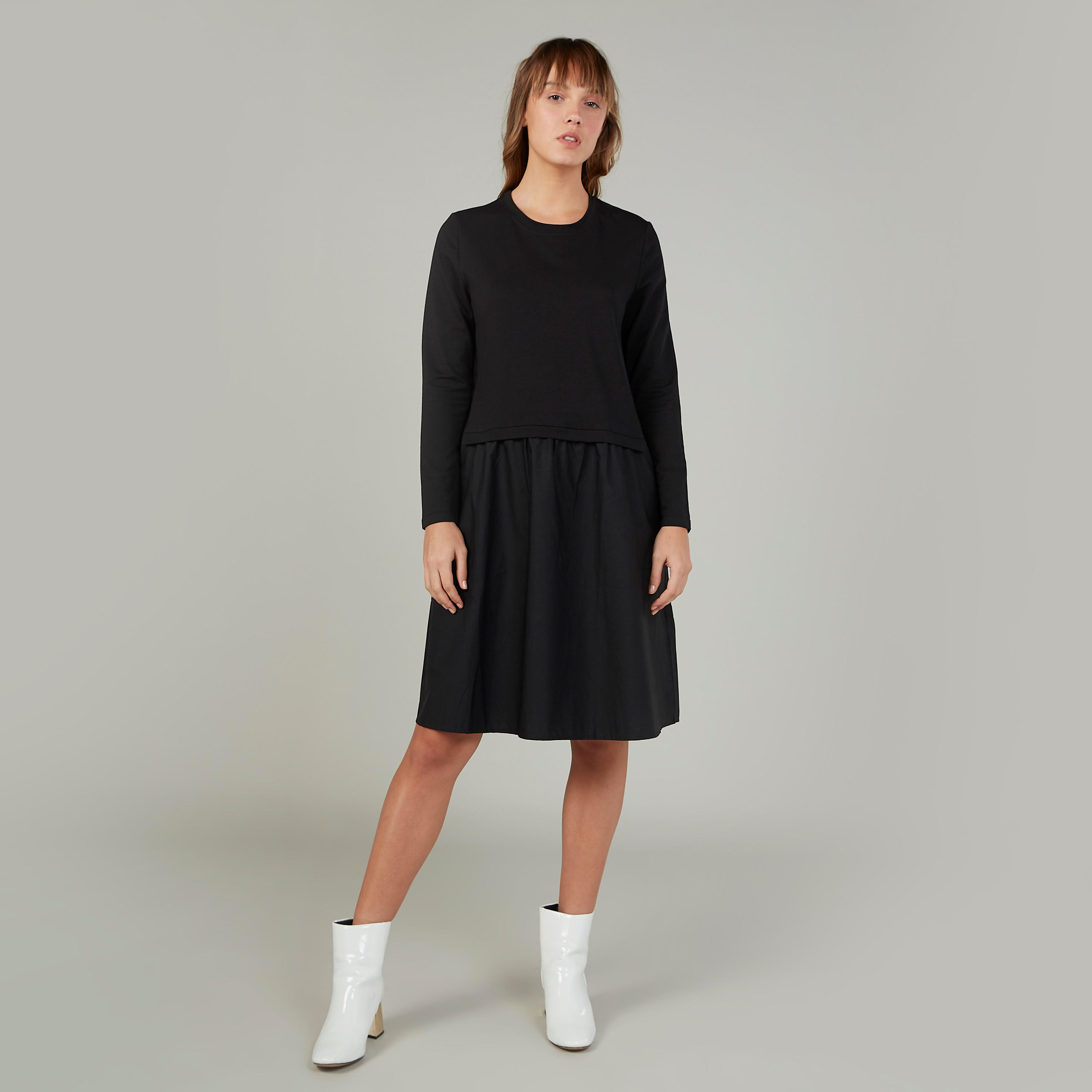 Plain Midi Swing Dress with Round Neck and Long Sleeves-women-clothing-dresses-image-1