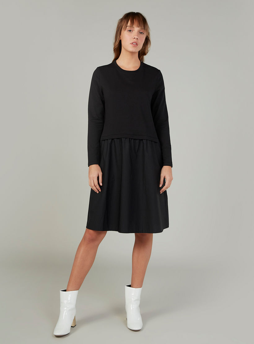 Plain Midi Swing Dress with Round Neck and Long Sleeves-women-clothing-dresses-image-1
