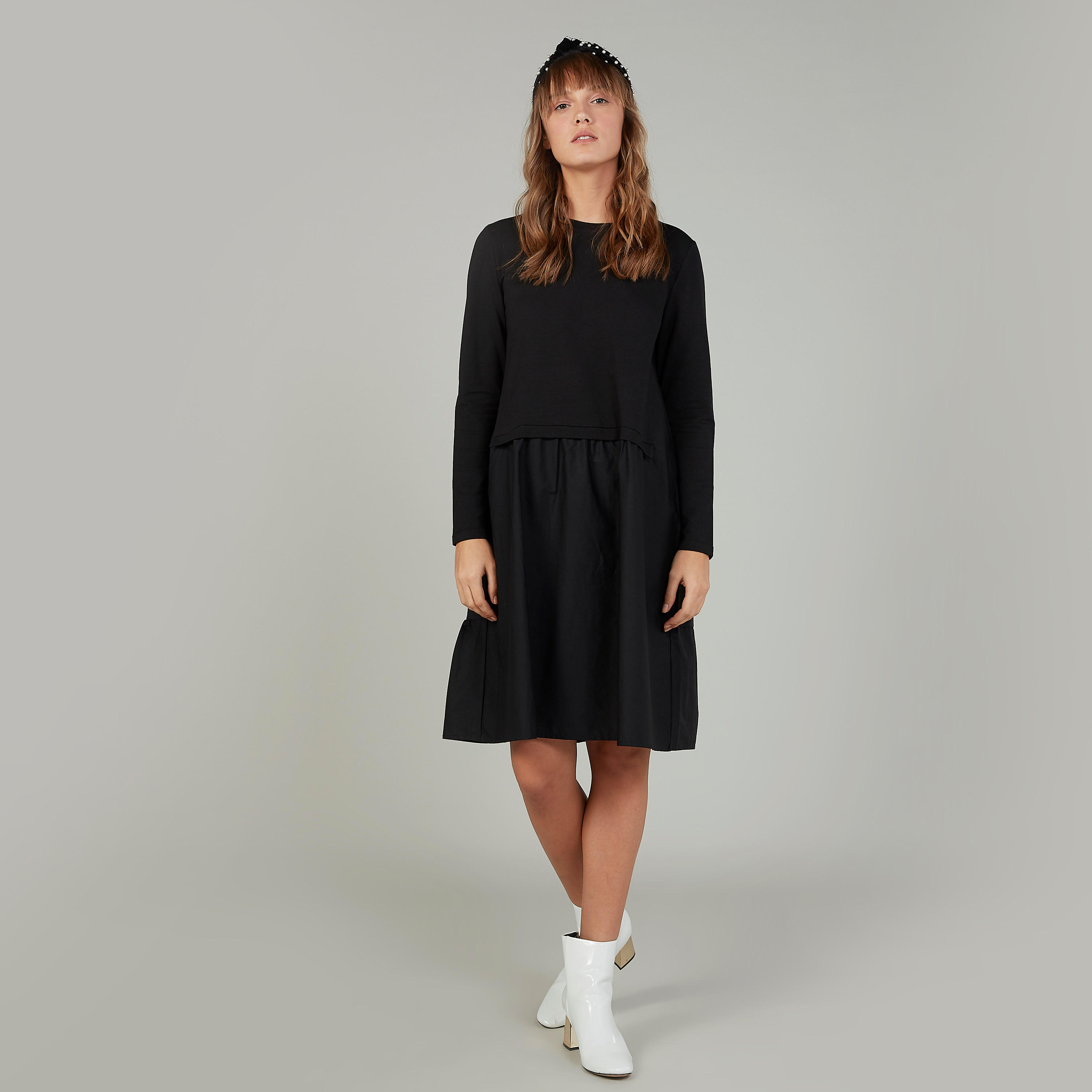 Plain Midi Swing Dress with Round Neck and Long Sleeves-women-clothing-dresses-image-2