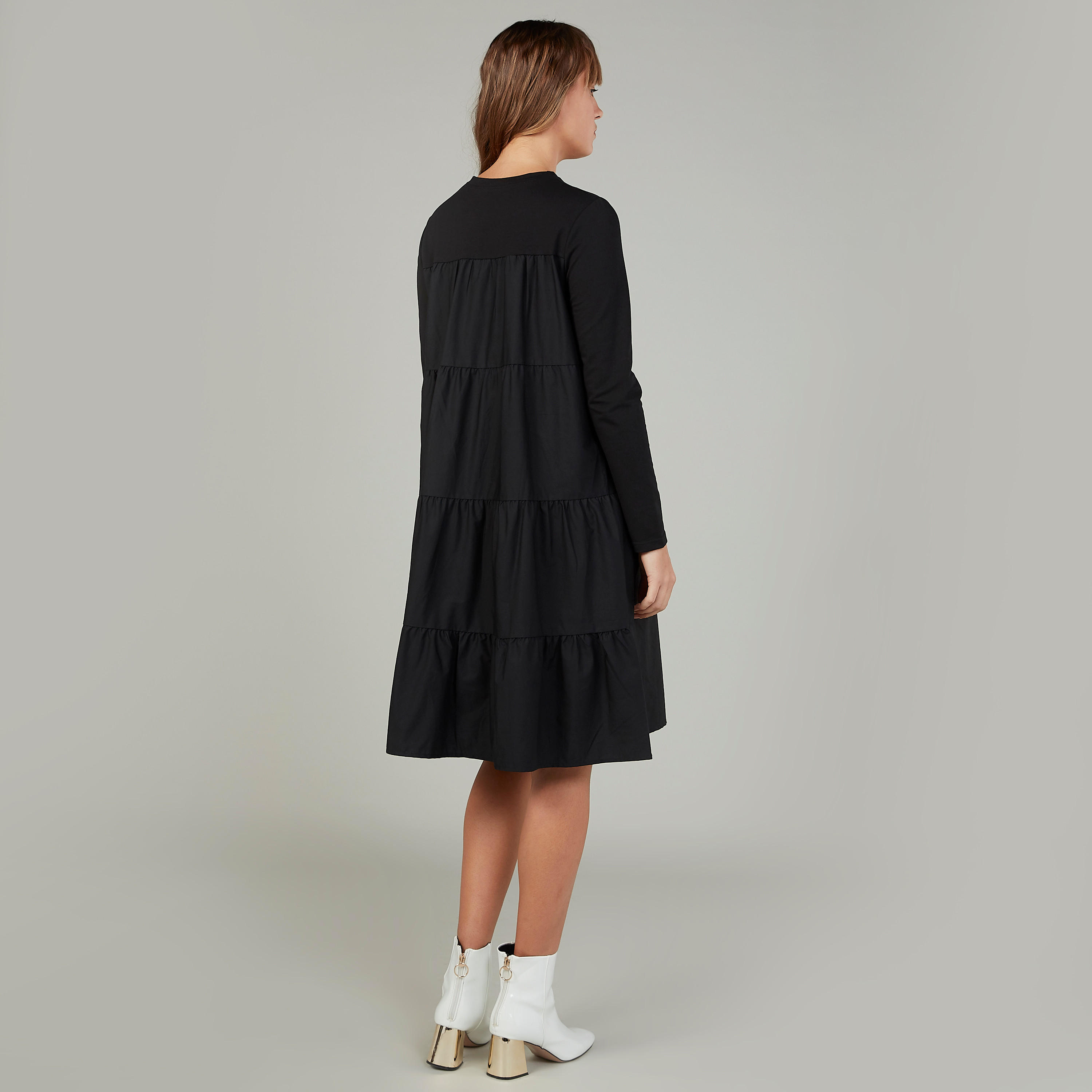 Plain Midi Swing Dress with Round Neck and Long Sleeves-women-clothing-dresses-image-3