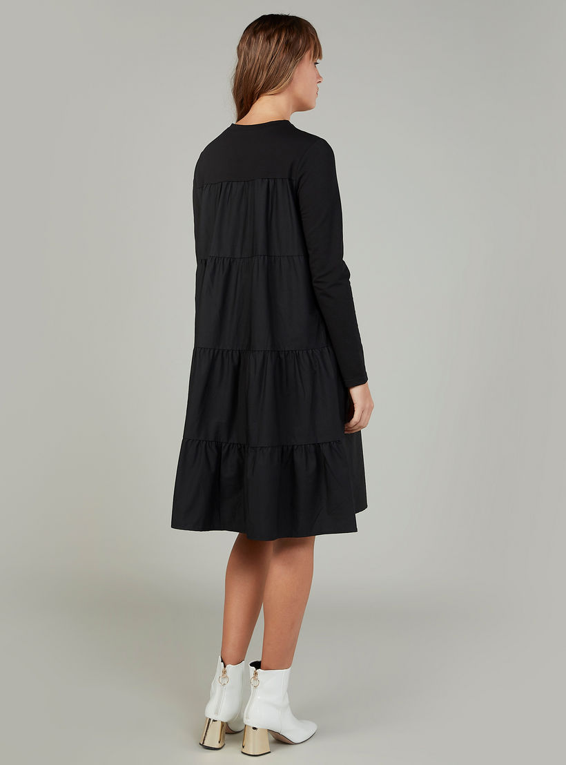 Plain Midi Swing Dress with Round Neck and Long Sleeves-women-clothing-dresses-image-3