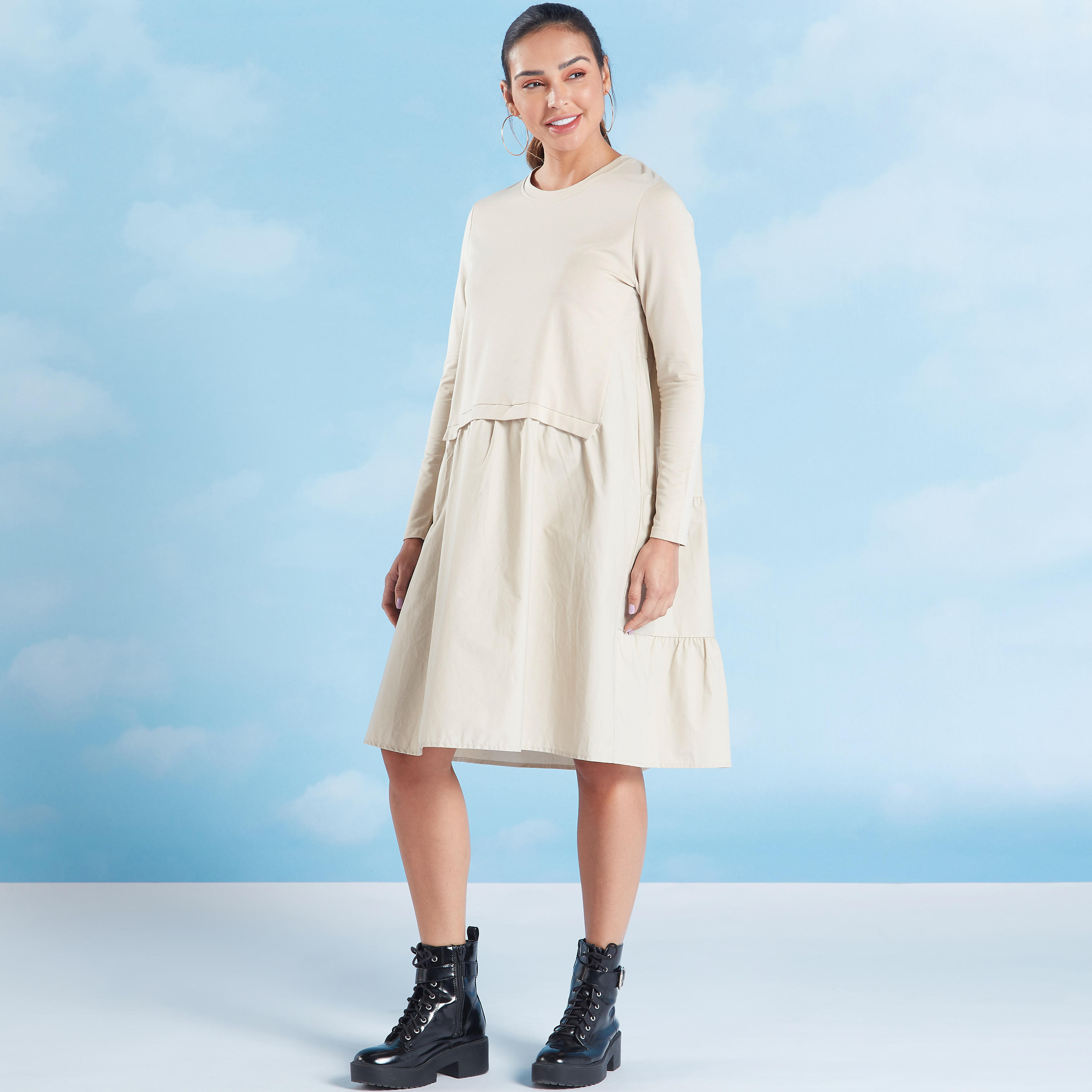 Textured Swing Dress with Round Neck and Long Sleeves-women-clothing-dresses-image-1