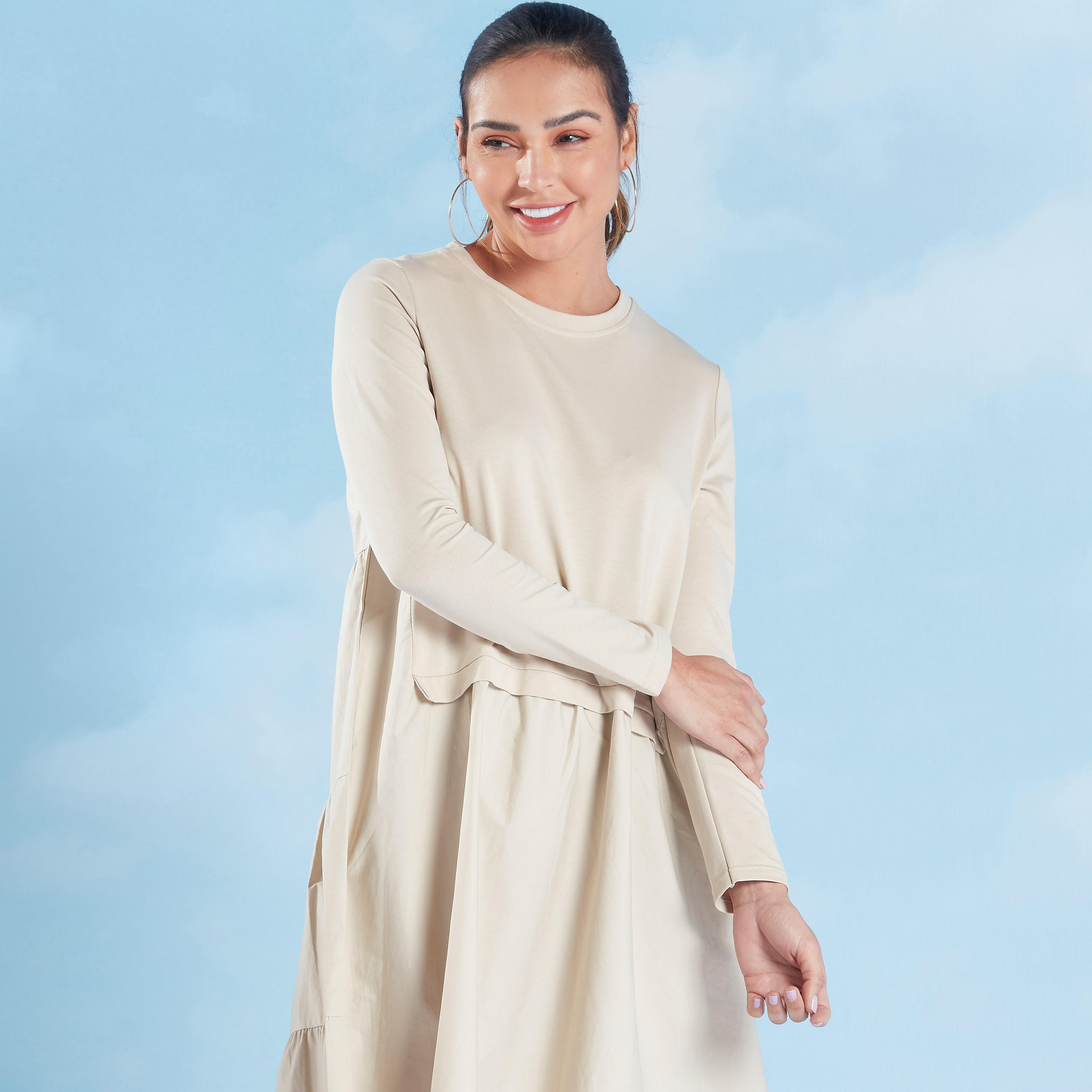 Textured Swing Dress with Round Neck and Long Sleeves-women-clothing-dresses-image-2