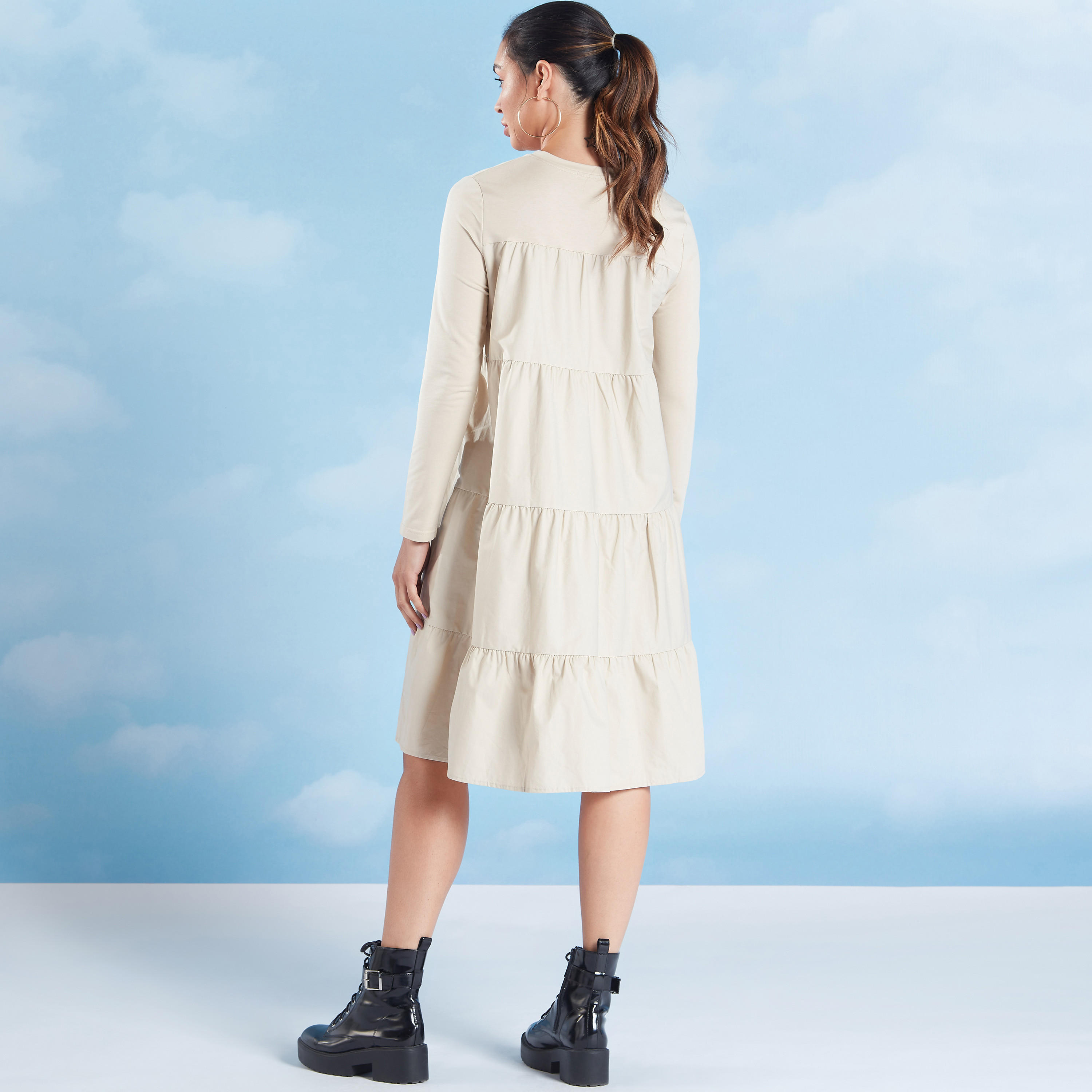 Textured Swing Dress with Round Neck and Long Sleeves-women-clothing-dresses-image-4
