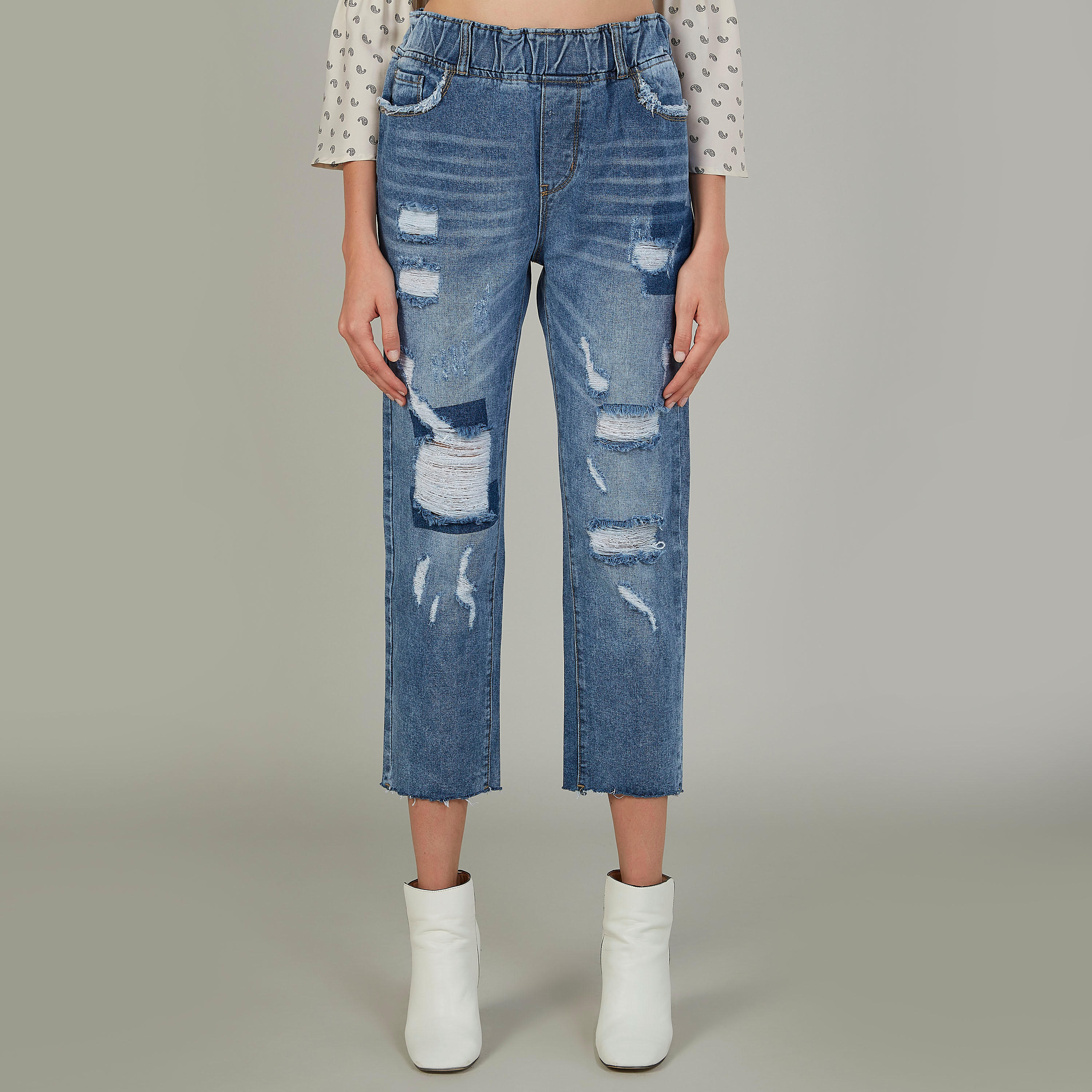 2Xtremz Boyfriend Fit Cropped Distressed Mid Waist Jeans with Frayed Grazers-women-clothing-bottoms-jeans-image-1