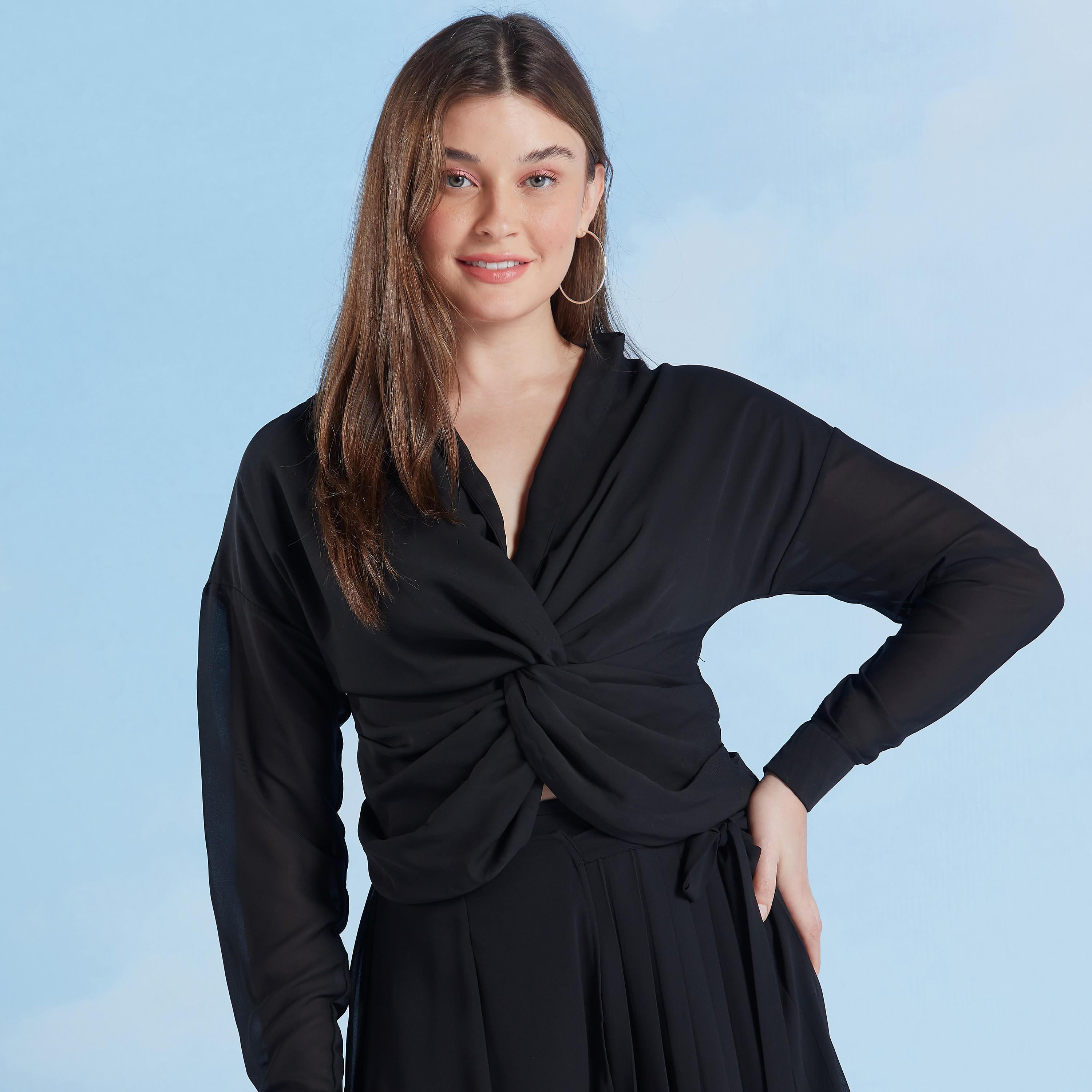 Plain Top with V-neck and Long Sleeves-women-clothing-shirtsandblouses-blouses-image-5
