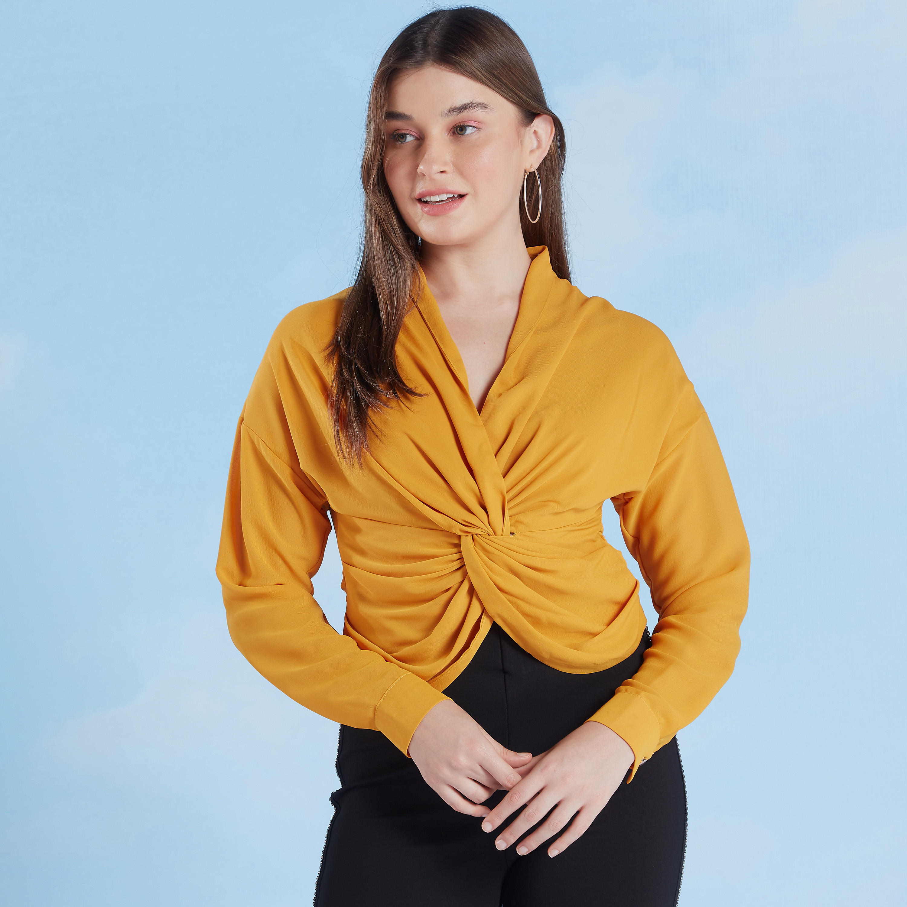 Plain Top with V-neck and Long Sleeves-women-clothing-shirtsandblouses-blouses-image-14
