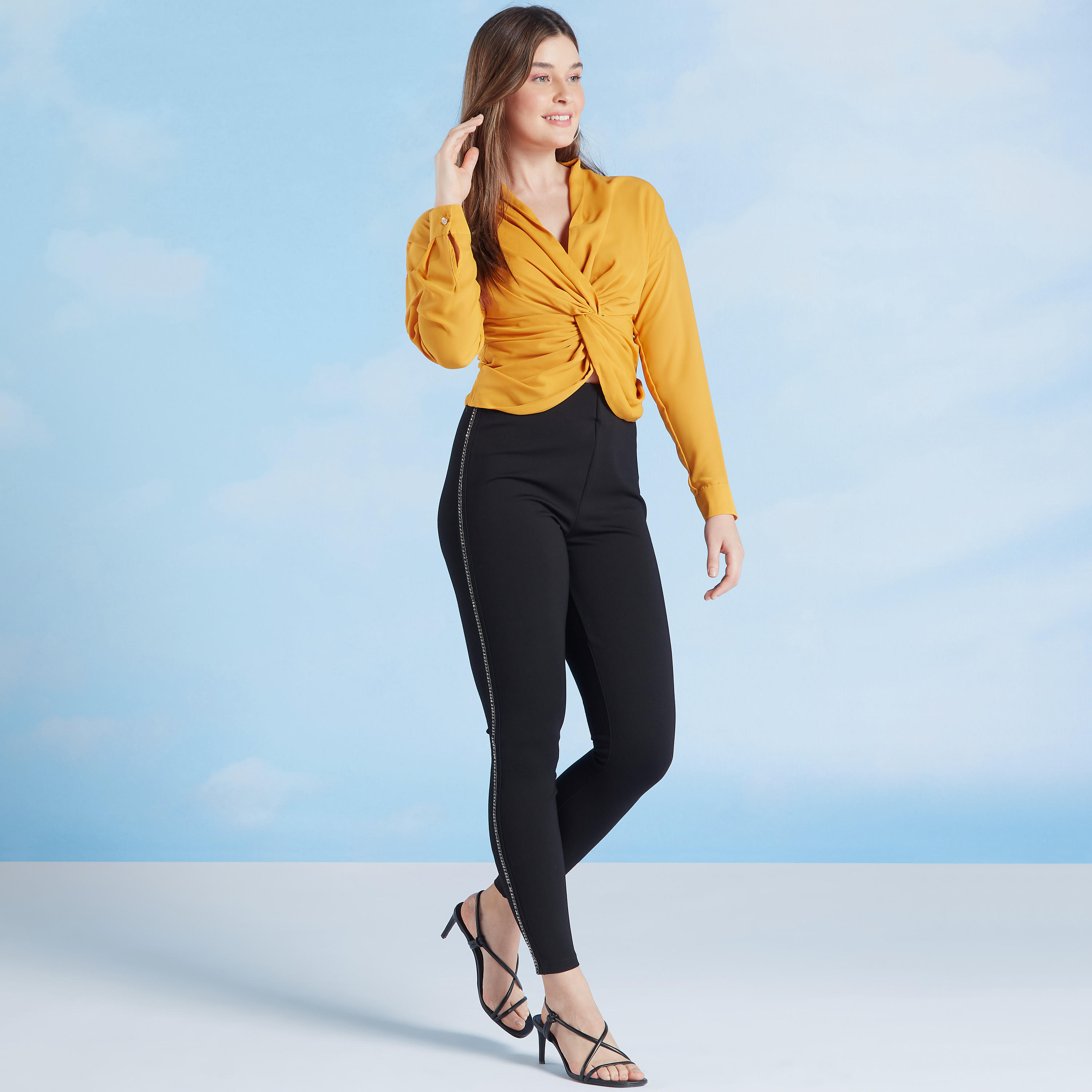 Plain Top with V-neck and Long Sleeves-women-clothing-shirtsandblouses-blouses-image-15