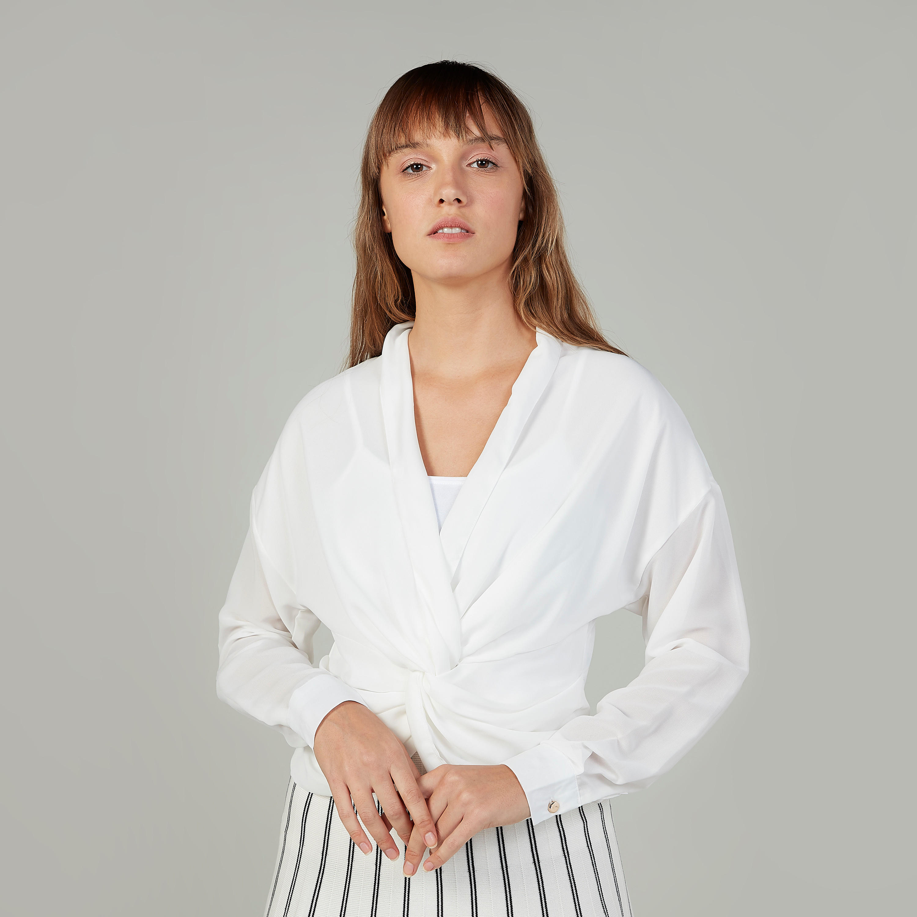 Plain Top with V-neck and Long Sleeves-women-clothing-shirtsandblouses-blouses-image-1