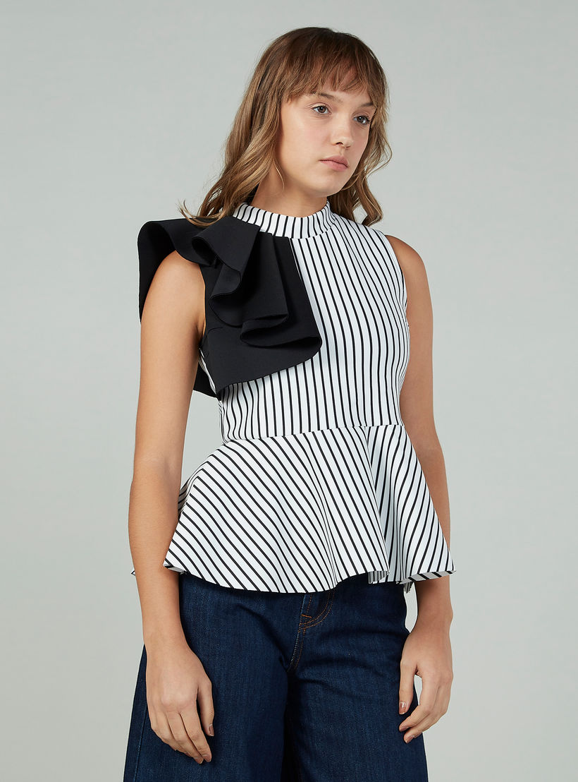 بلوزة مخططة دون أكمام بياقة عالية وتفاصيل كشكش على الخصر-women-clothing-shirtsandblouses-blouses-image-1
