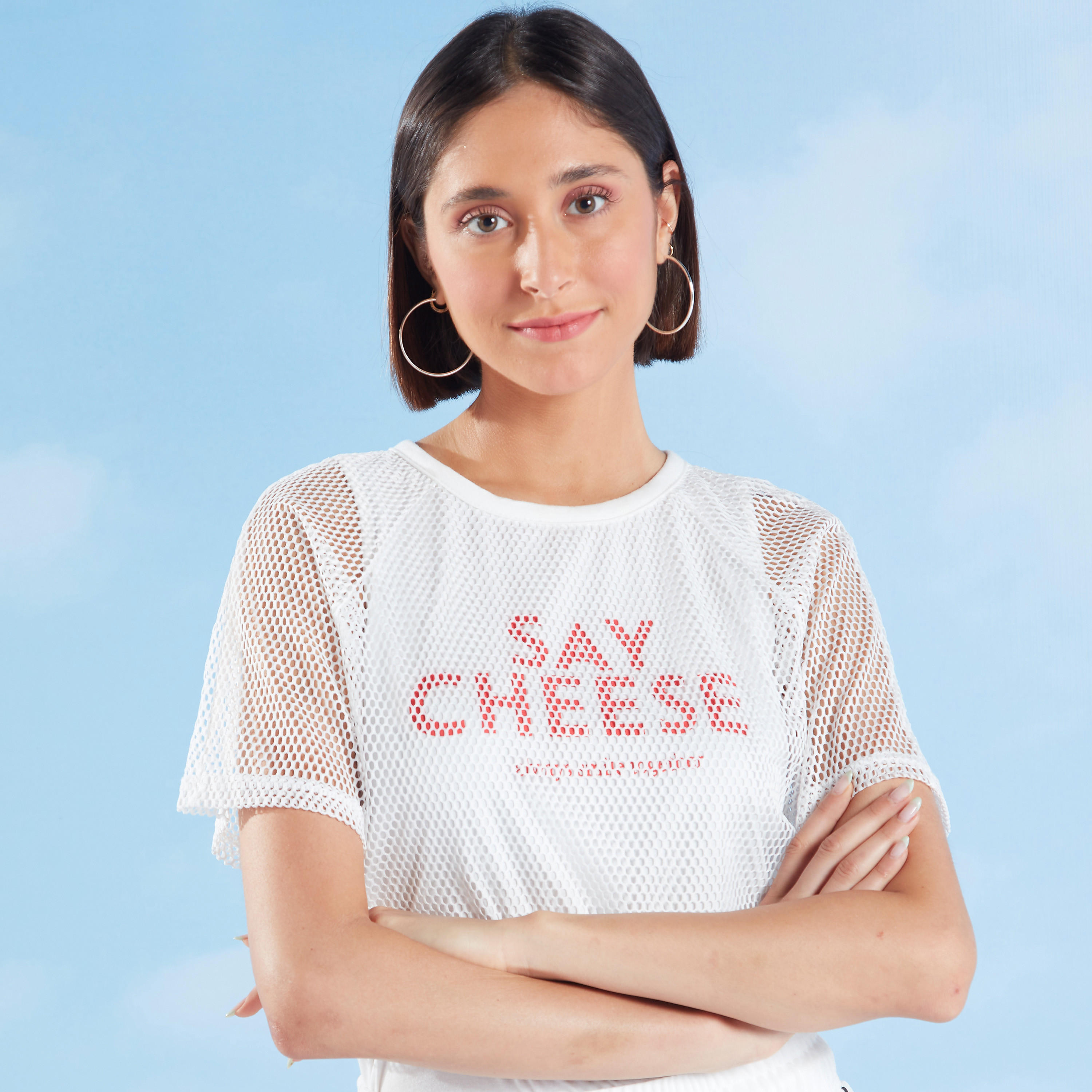 تيشيرت بارز الملمس بياقة مستديرة وأكمام قصيرة-women-clothing-tshirts-image-1