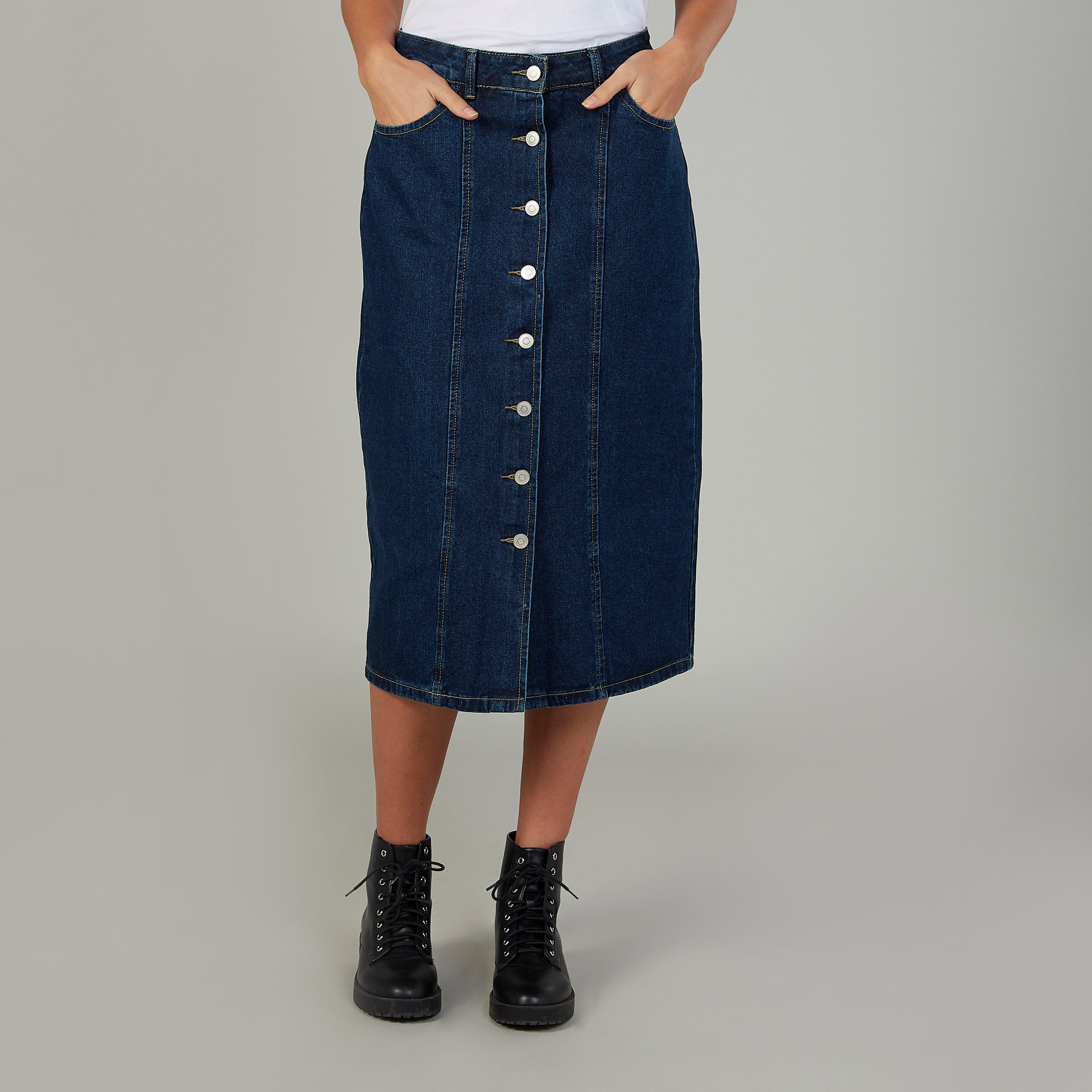تنورة دينم سادة بخصر متوسط الارتفاع وجيوب وحلقات للحزام-women-clothing-bottoms-skirts-image-1