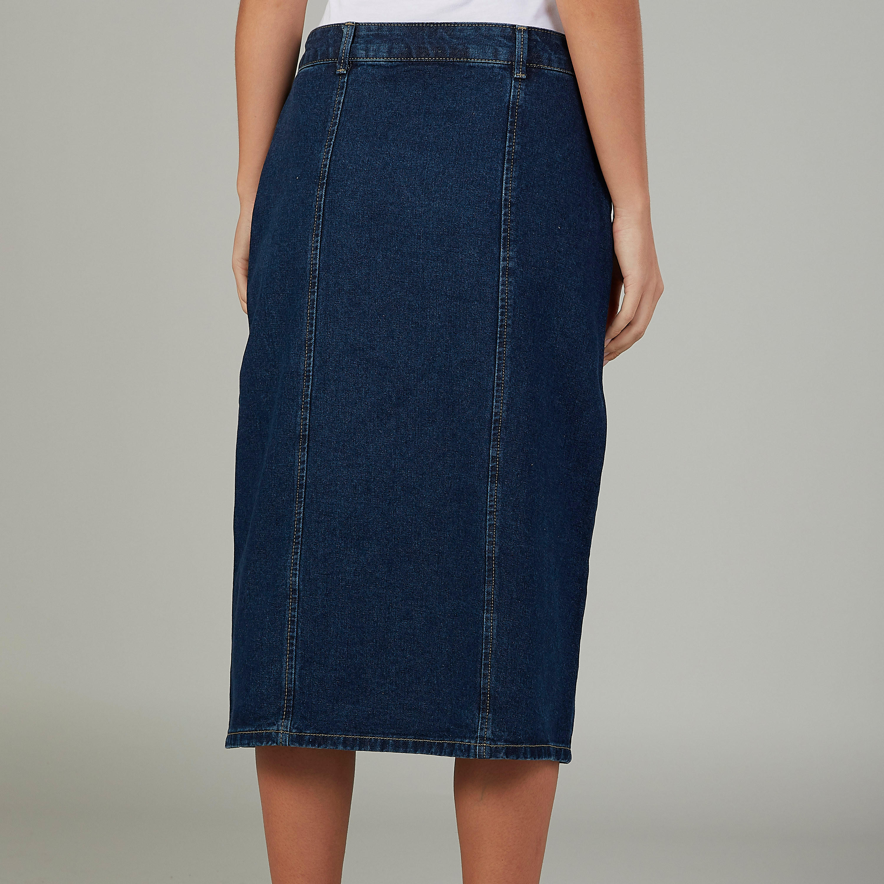 تنورة دينم سادة بخصر متوسط الارتفاع وجيوب وحلقات للحزام-women-clothing-bottoms-skirts-image-4