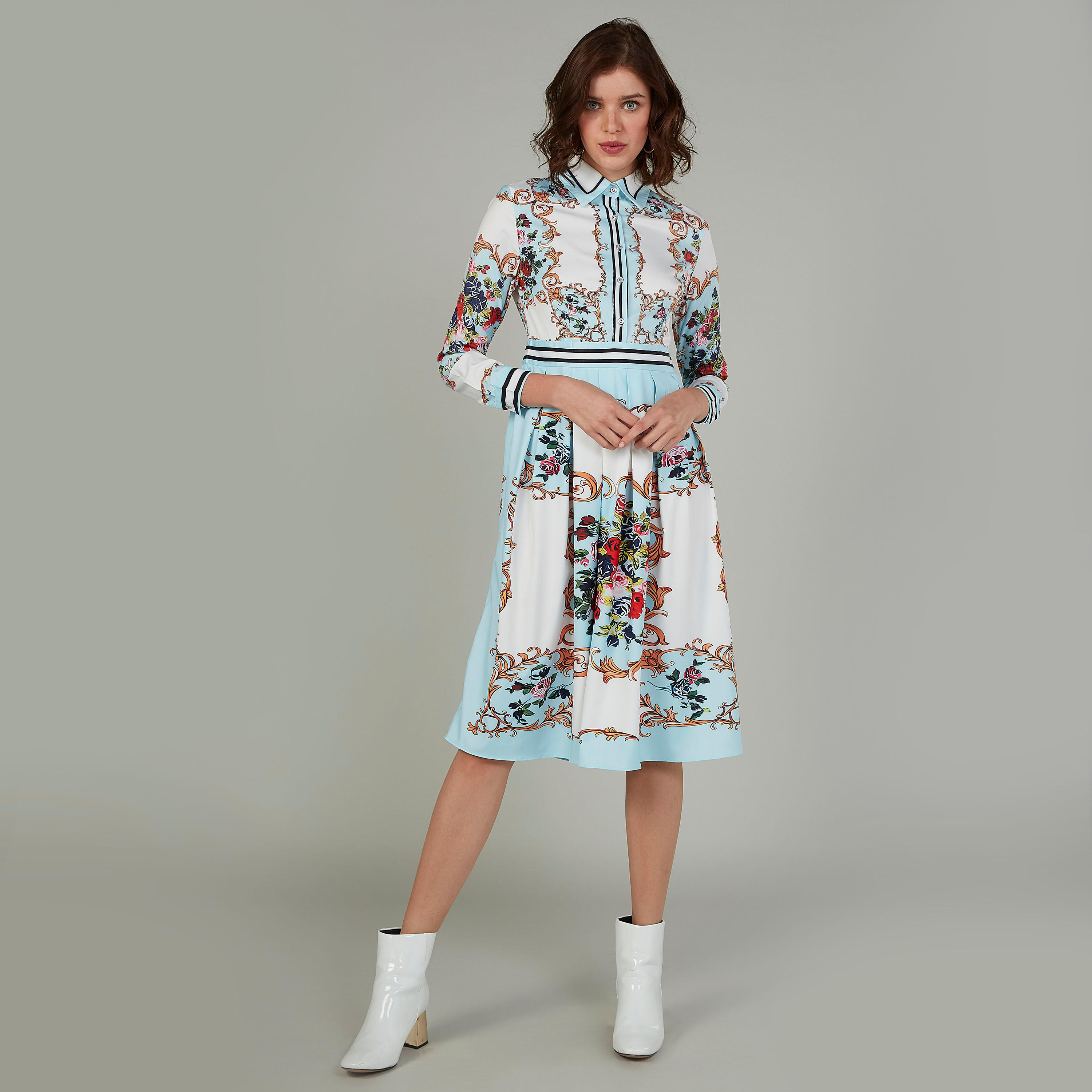 فستان ميدي إيه لاين بأكمام طويلة وياقة عادية وطبعات-women-clothing-dresses-image-1