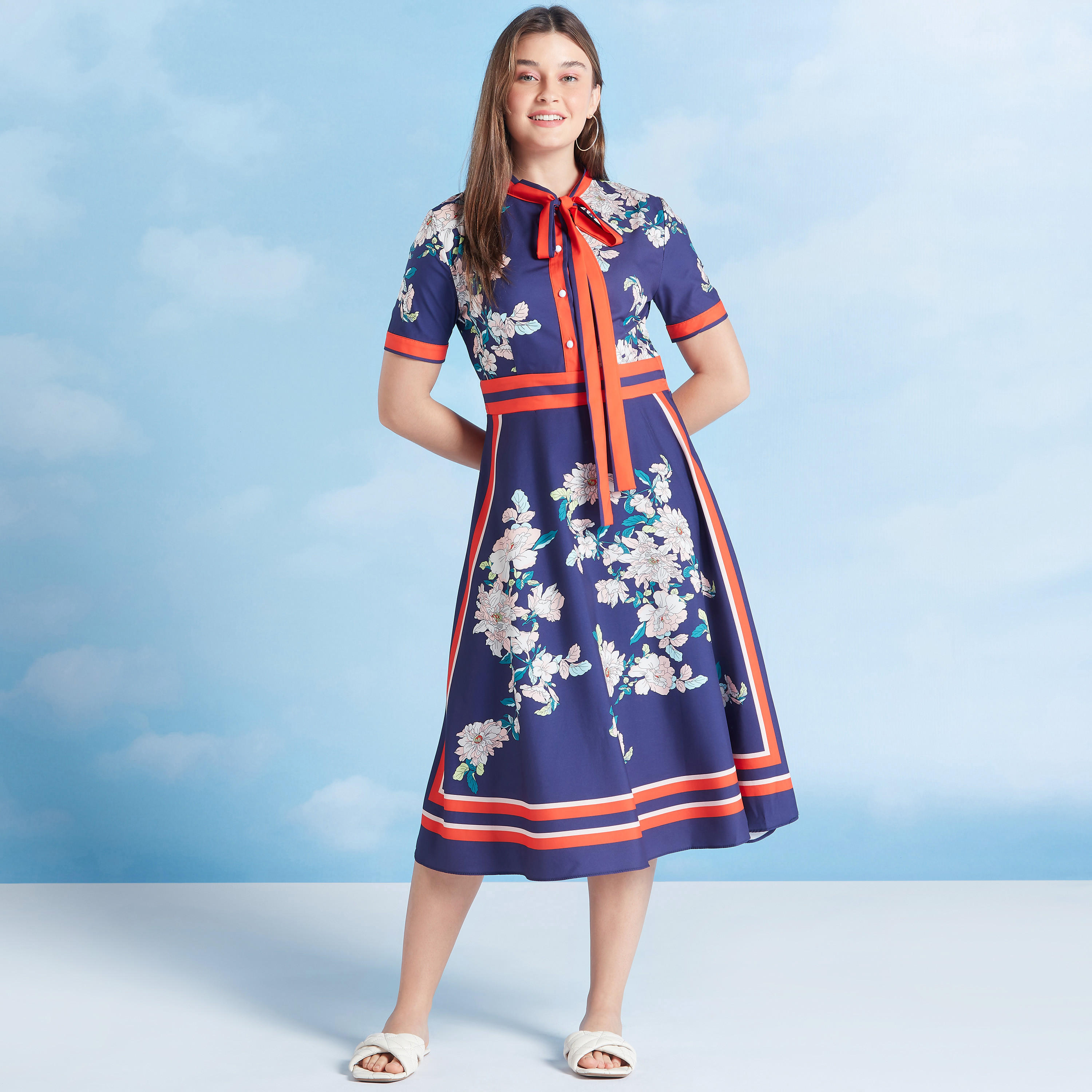Floral Print Midi A-line Dress with Necktie and Short Sleeves-women-clothing-dresses-image-1
