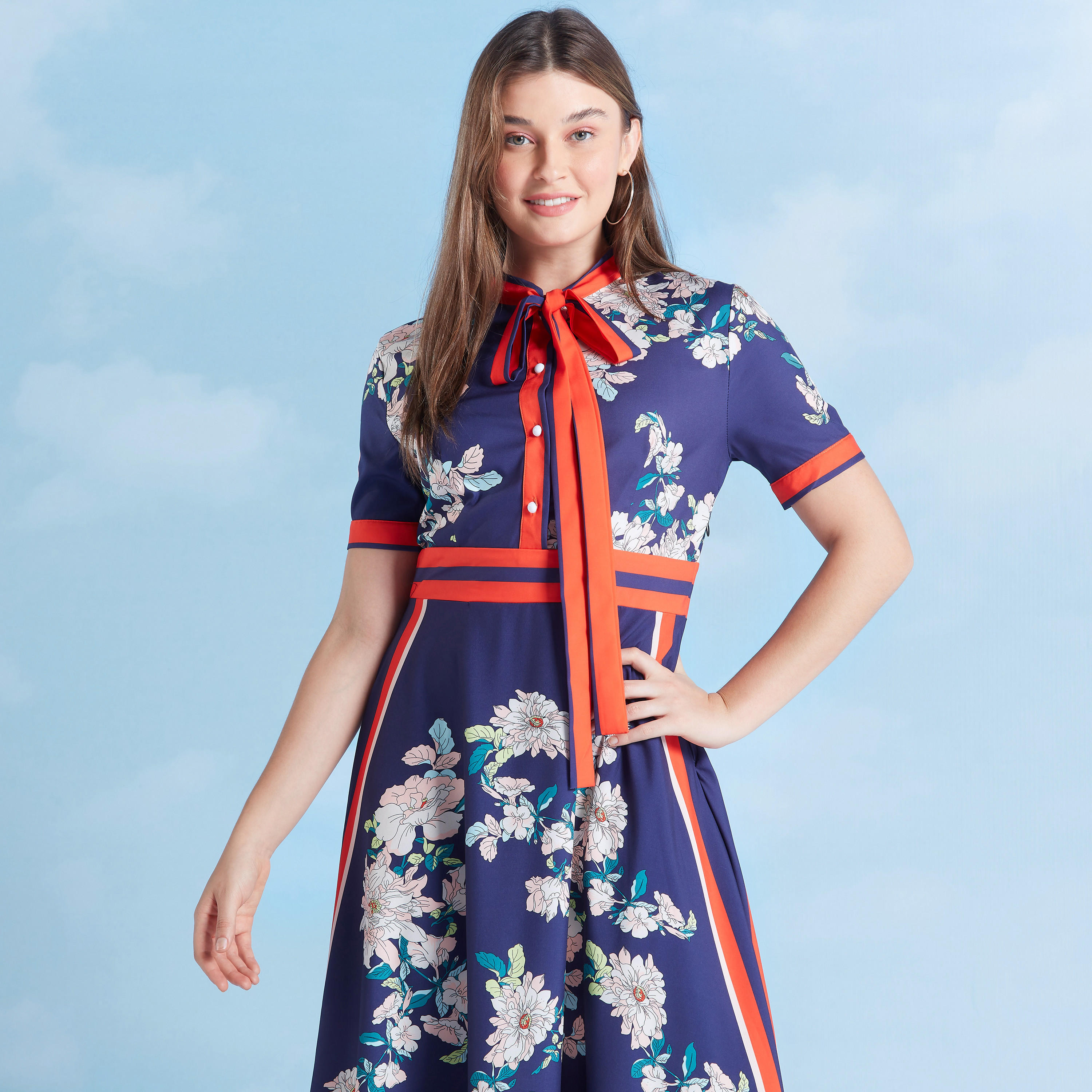 Floral Print Midi A-line Dress with Necktie and Short Sleeves-women-clothing-dresses-image-2