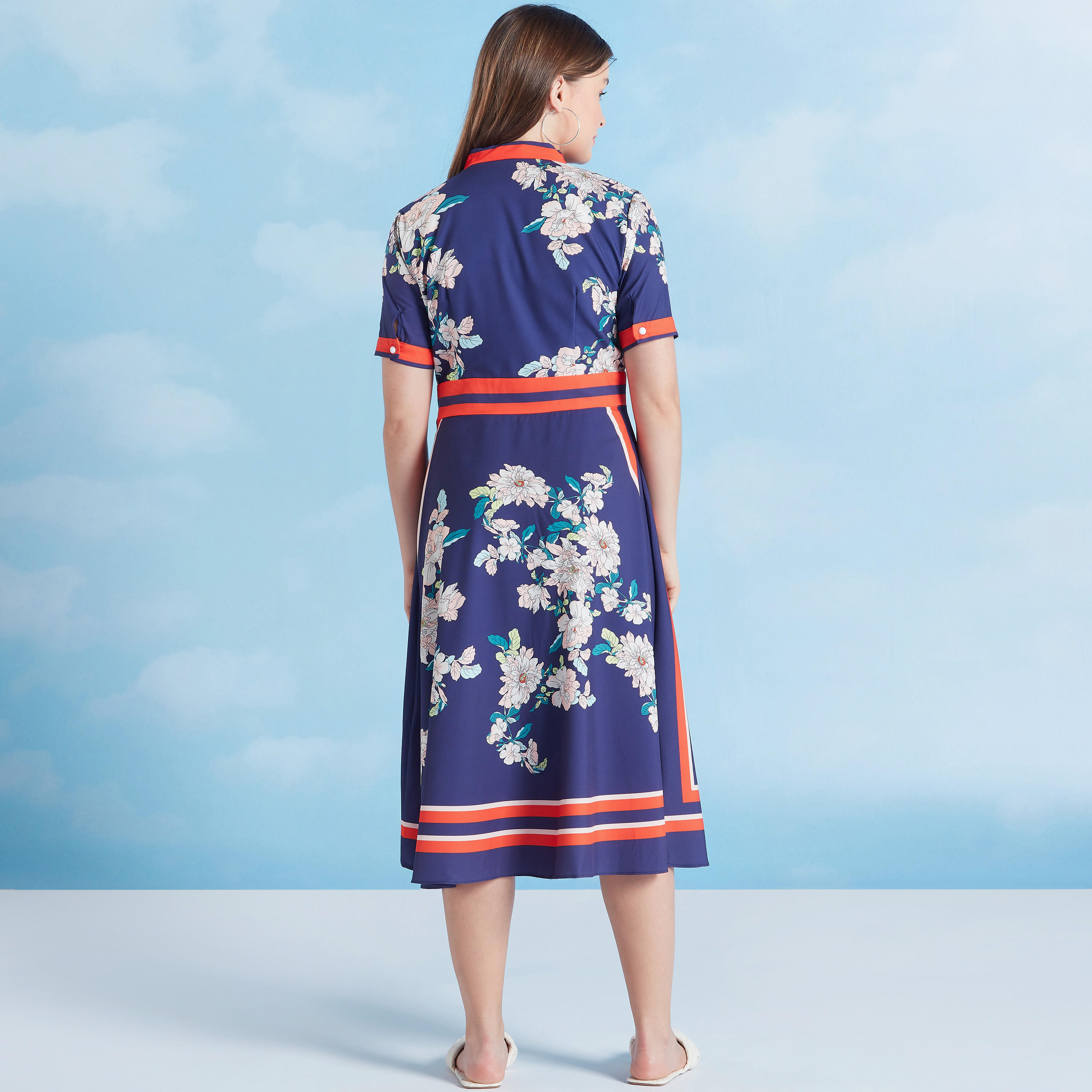 Floral Print Midi A-line Dress with Necktie and Short Sleeves-women-clothing-dresses-image-6