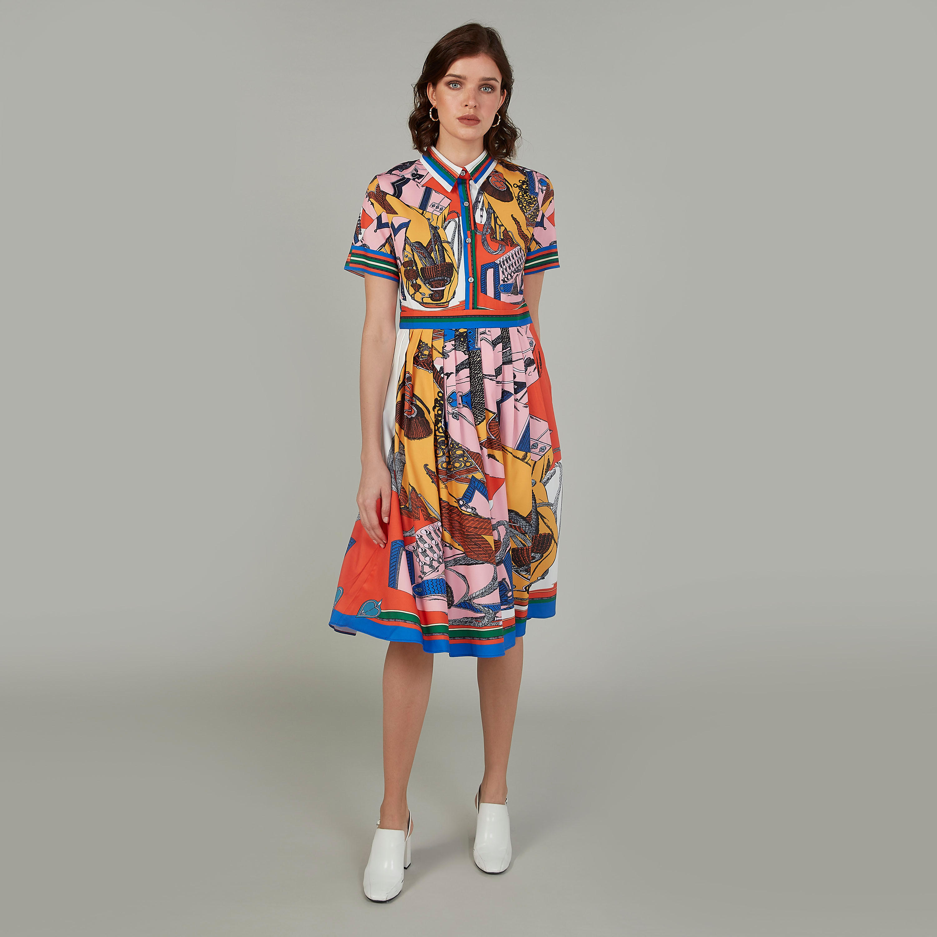 فستان متوسط الطول إيه لاين بأكمام قصيرة وياقة عادية وطبعات-women-clothing-dresses-image-1