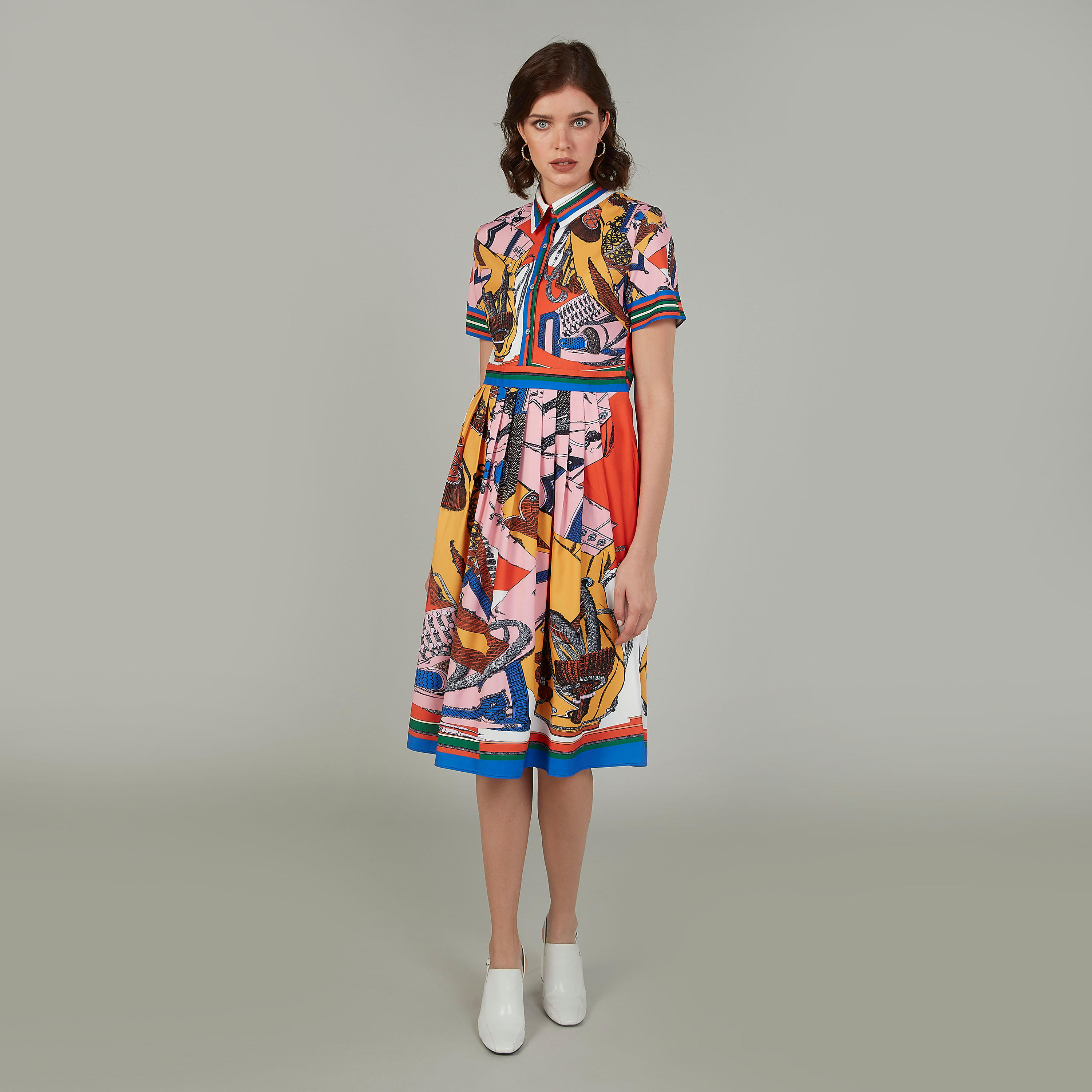 فستان متوسط الطول إيه لاين بأكمام قصيرة وياقة عادية وطبعات-women-clothing-dresses-image-2