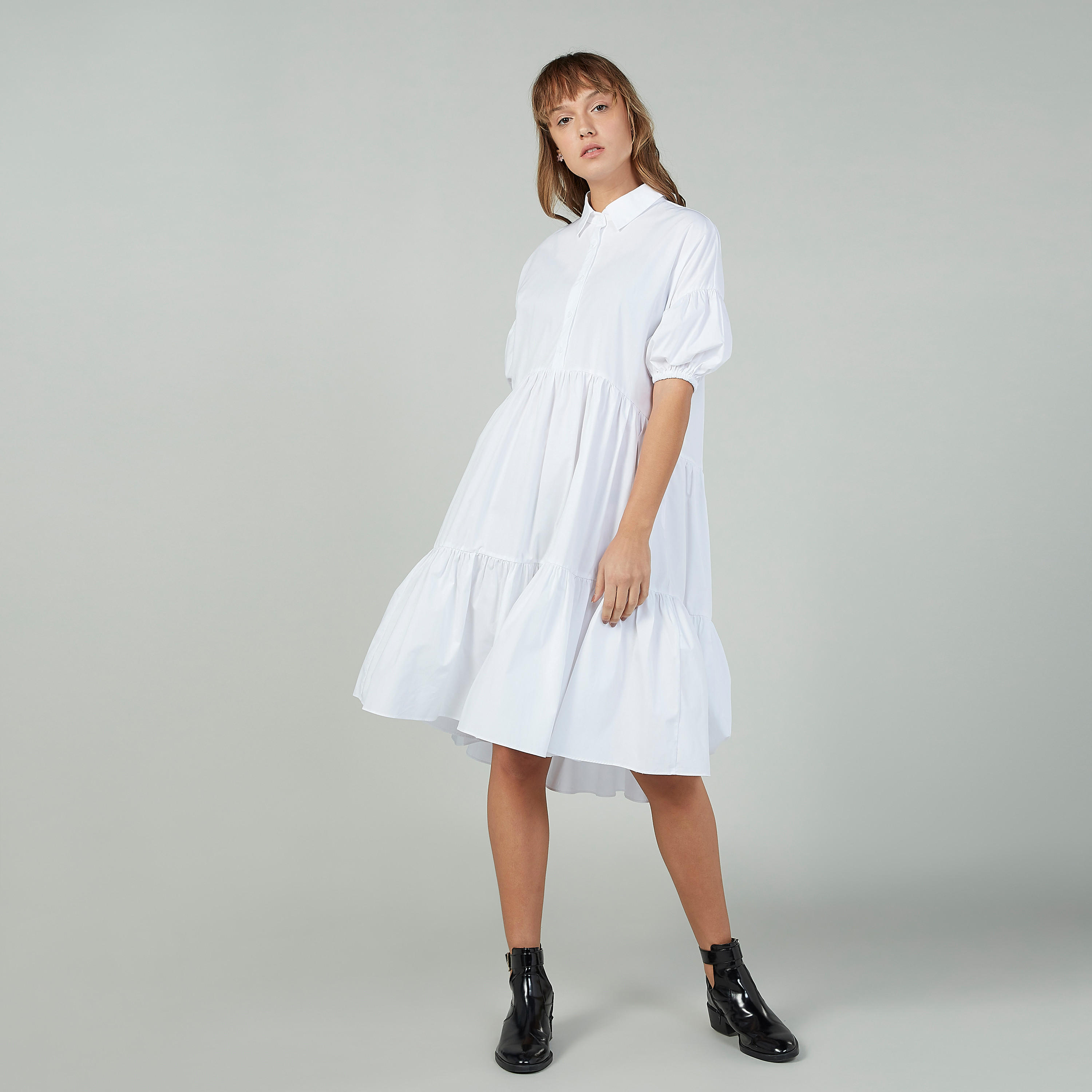 فستان سادة متوسط الطول بأكمام 3/4 وياقة عادية وحواف غير مستوية-women-clothing-dresses-image-1