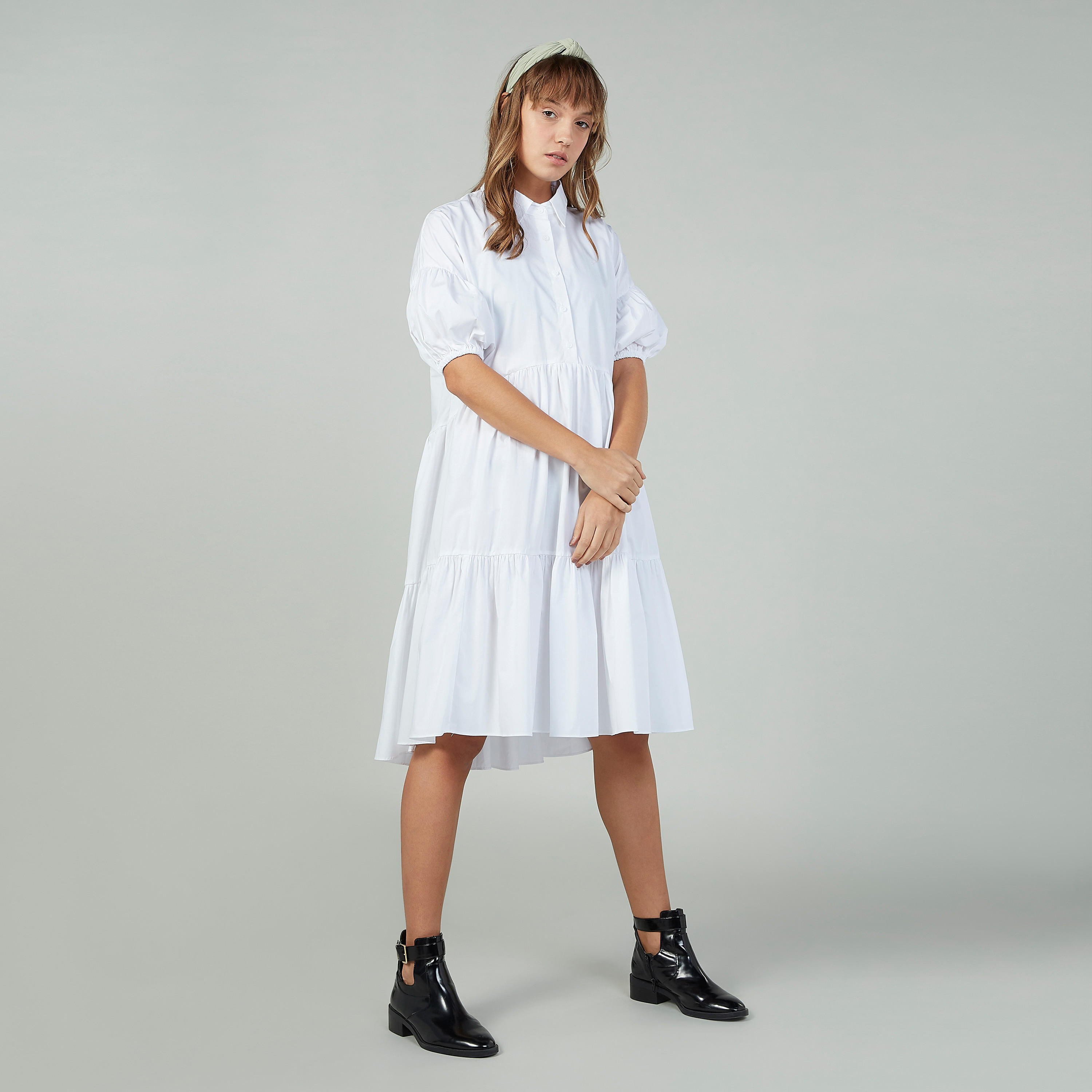 فستان سادة متوسط الطول بأكمام 3/4 وياقة عادية وحواف غير مستوية-women-clothing-dresses-image-2