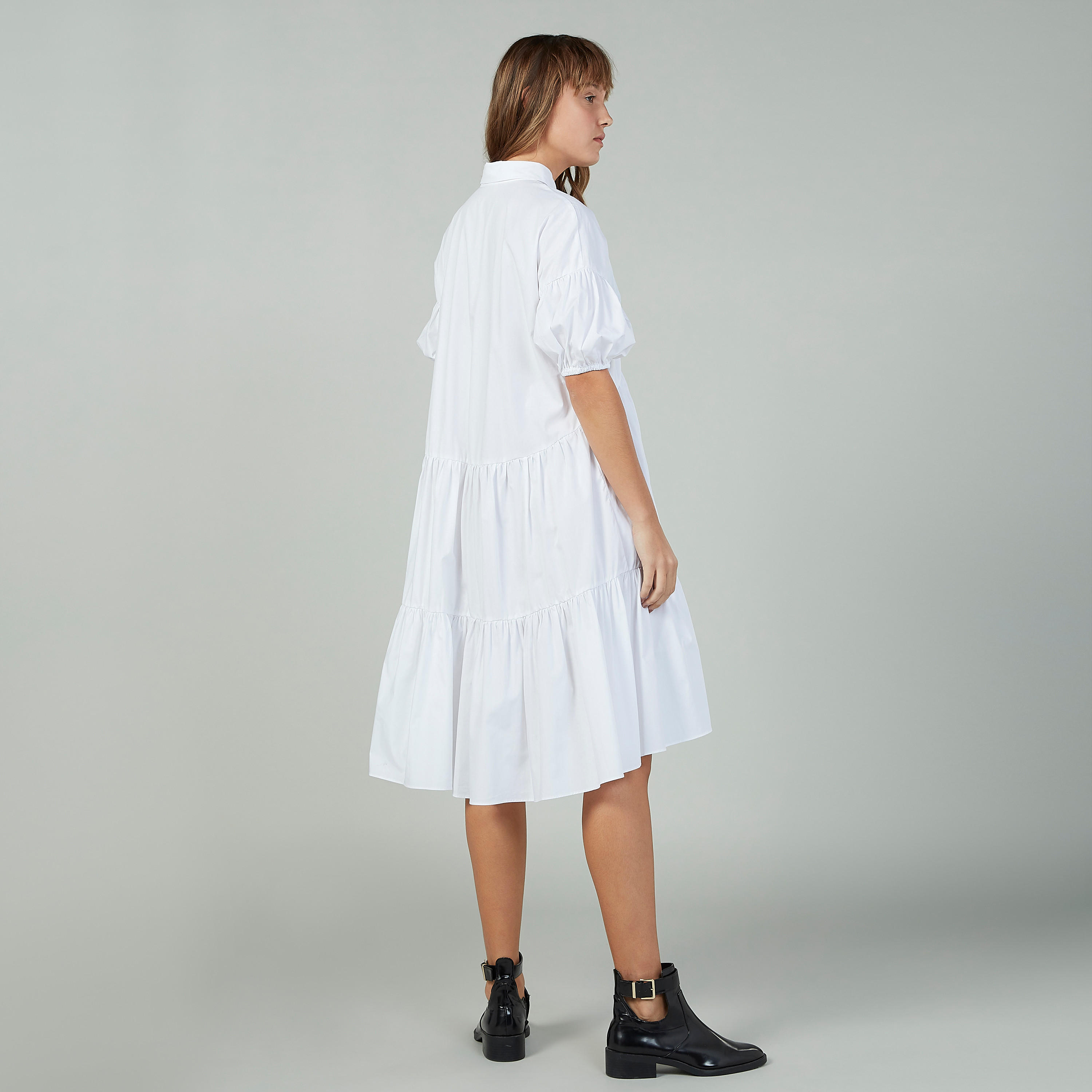 فستان سادة متوسط الطول بأكمام 3/4 وياقة عادية وحواف غير مستوية-women-clothing-dresses-image-3