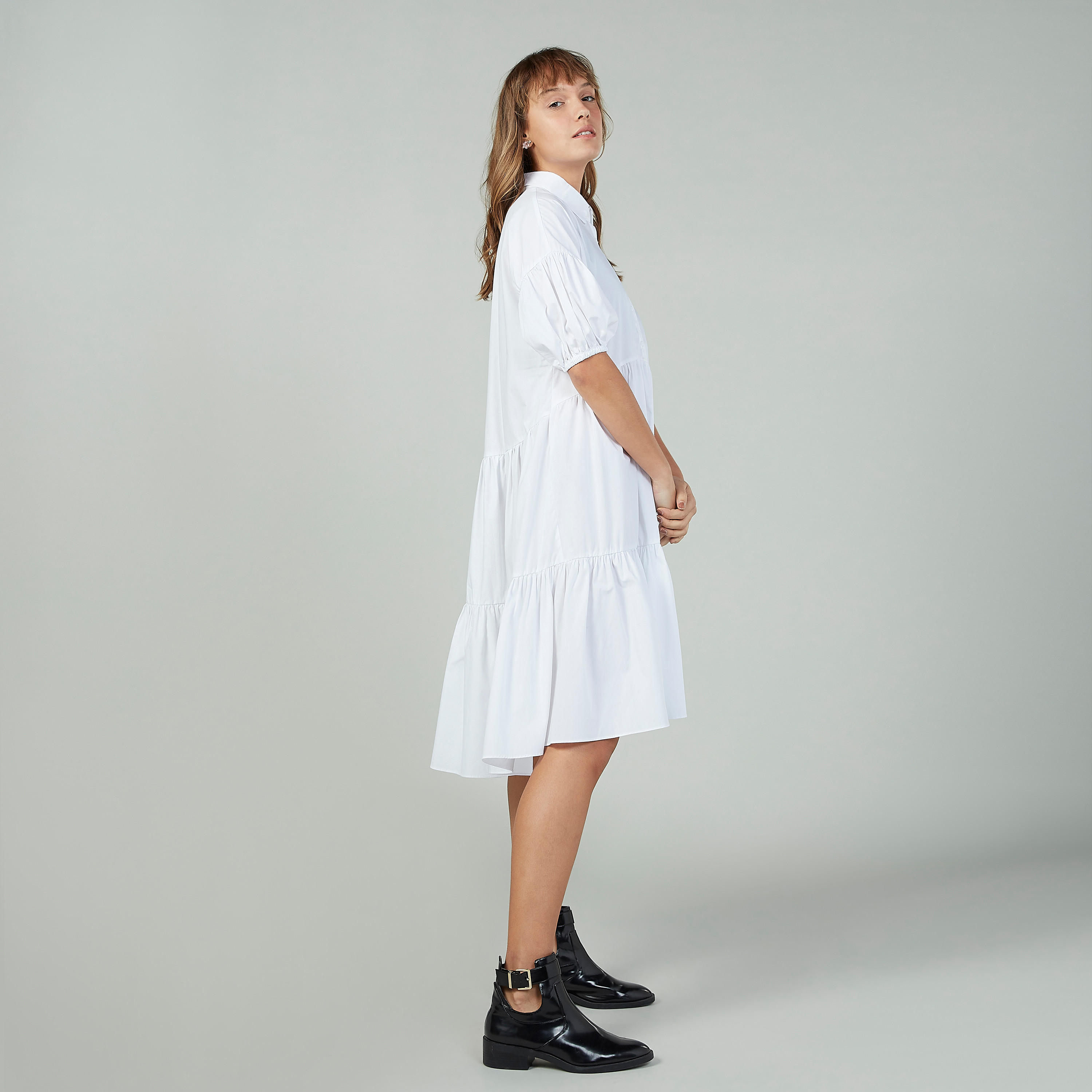 فستان سادة متوسط الطول بأكمام 3/4 وياقة عادية وحواف غير مستوية-women-clothing-dresses-image-4