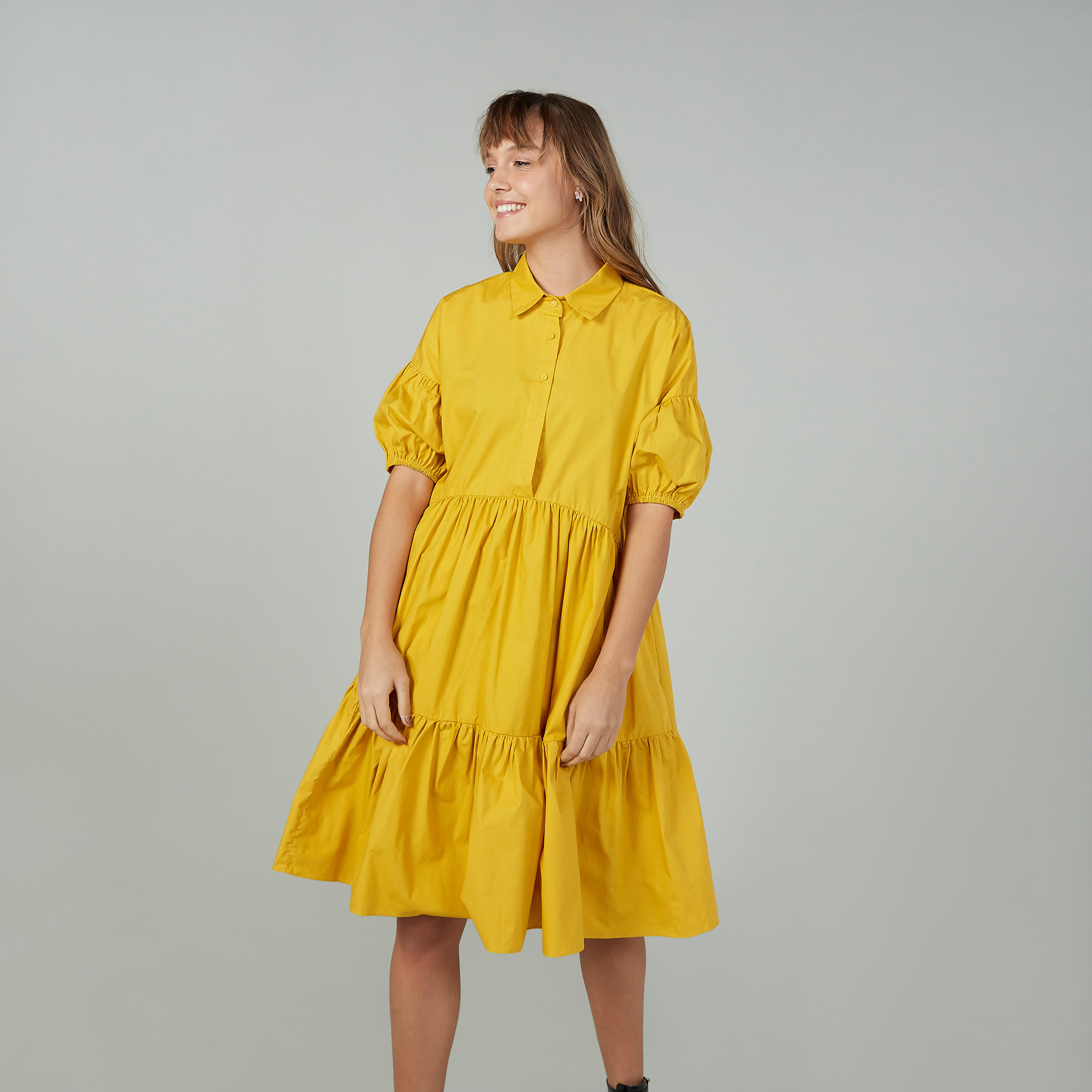 Plain Midi A-line Dress with 3/4 Sleeves and Spread Collar-women-clothing-dresses-image-1