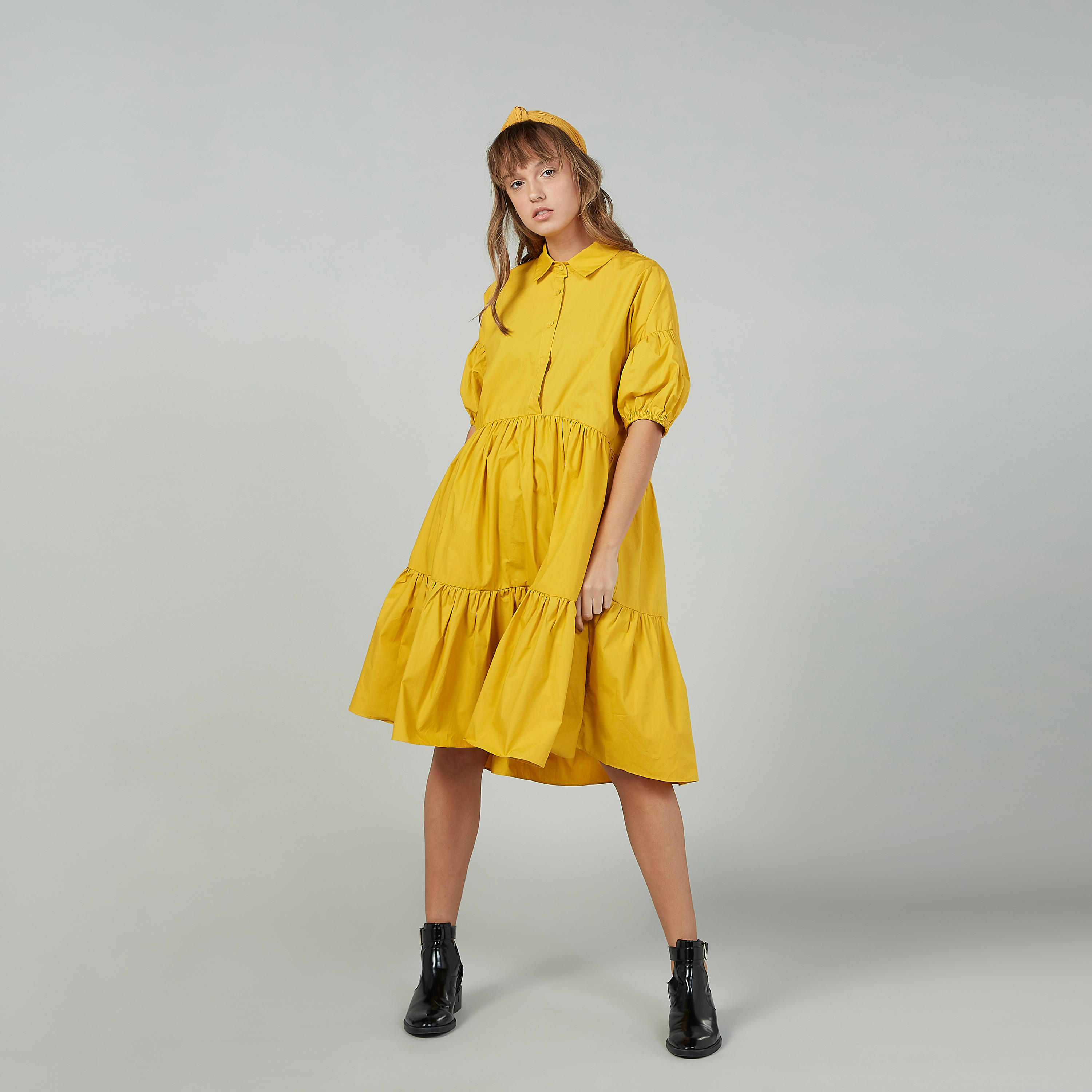 Plain Midi A-line Dress with 3/4 Sleeves and Spread Collar-women-clothing-dresses-image-2