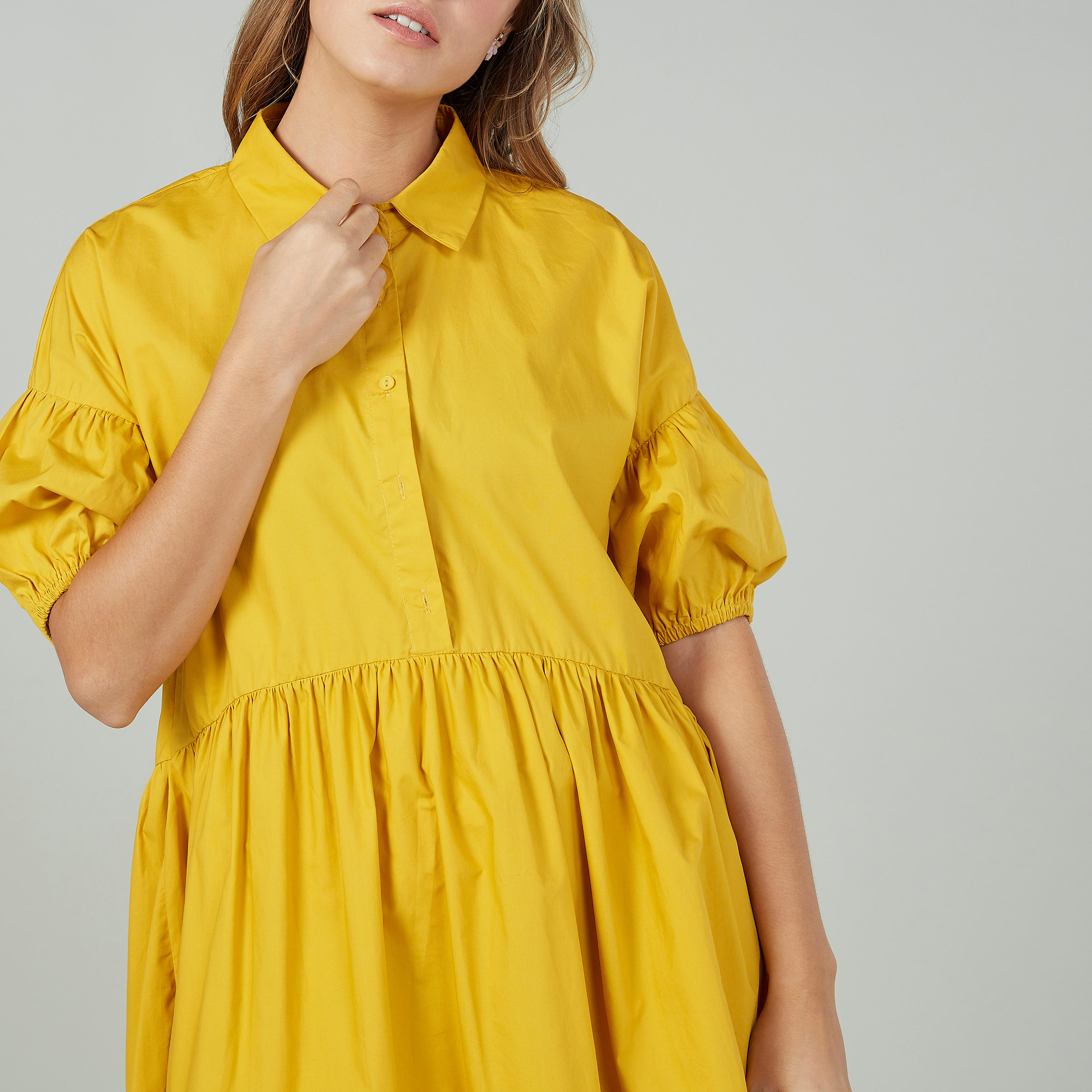 Plain Midi A-line Dress with 3/4 Sleeves and Spread Collar-women-clothing-dresses-image-3