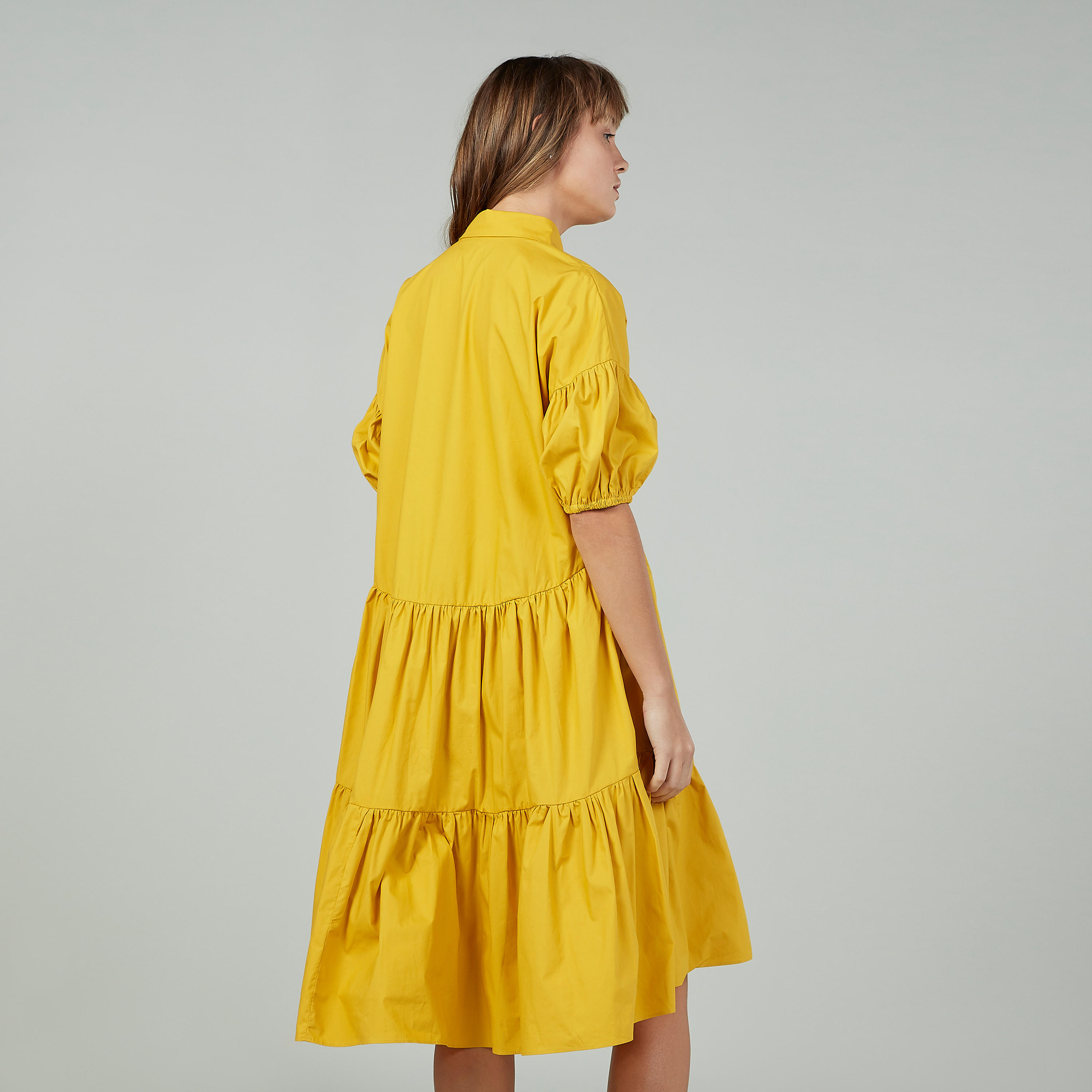 Plain Midi A-line Dress with 3/4 Sleeves and Spread Collar-women-clothing-dresses-image-4