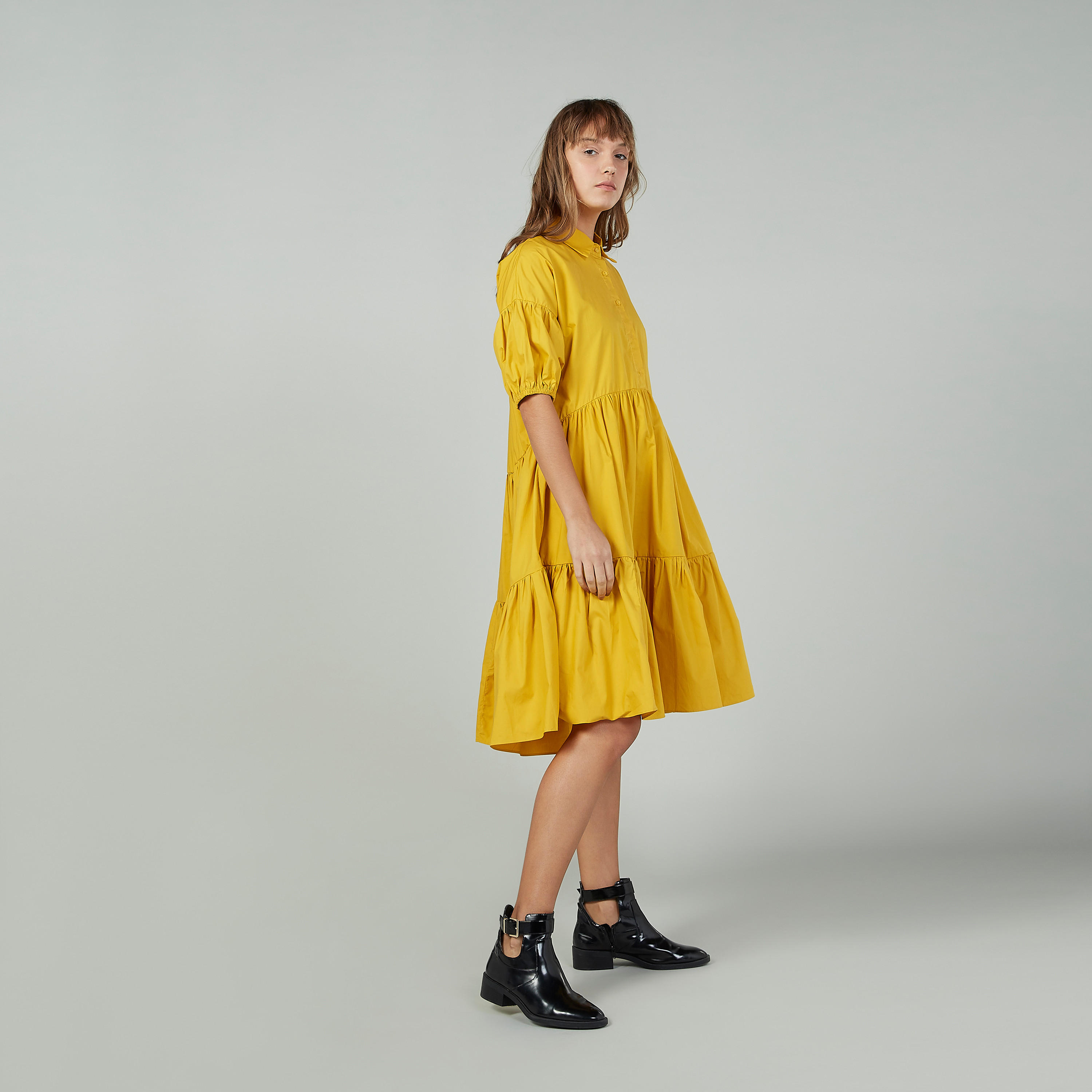 Plain Midi A-line Dress with 3/4 Sleeves and Spread Collar-women-clothing-dresses-image-5