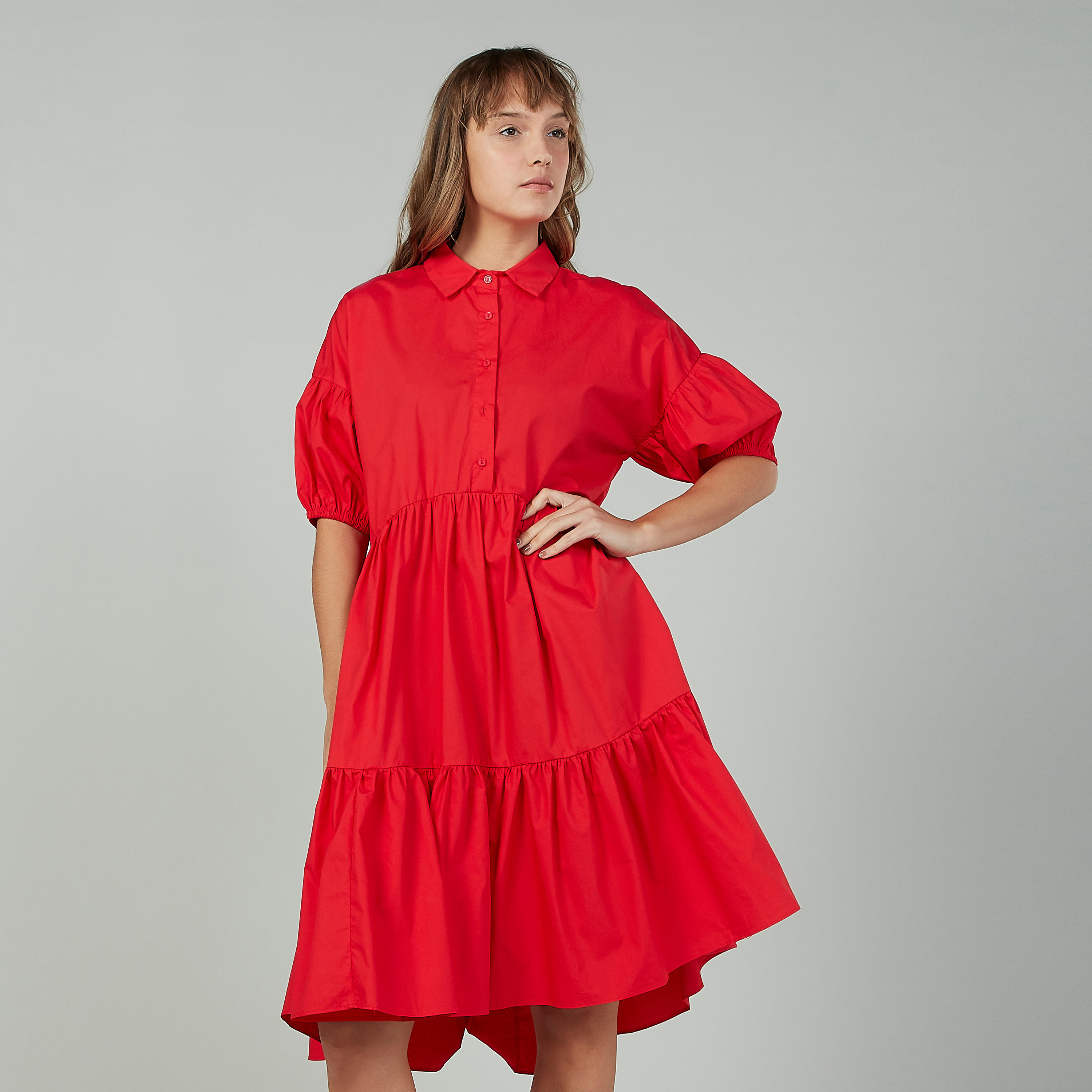 فستان سادة متوسط الطول إيه لاين بياقة عادية وأكمام 3/4-women-clothing-dresses-image-1