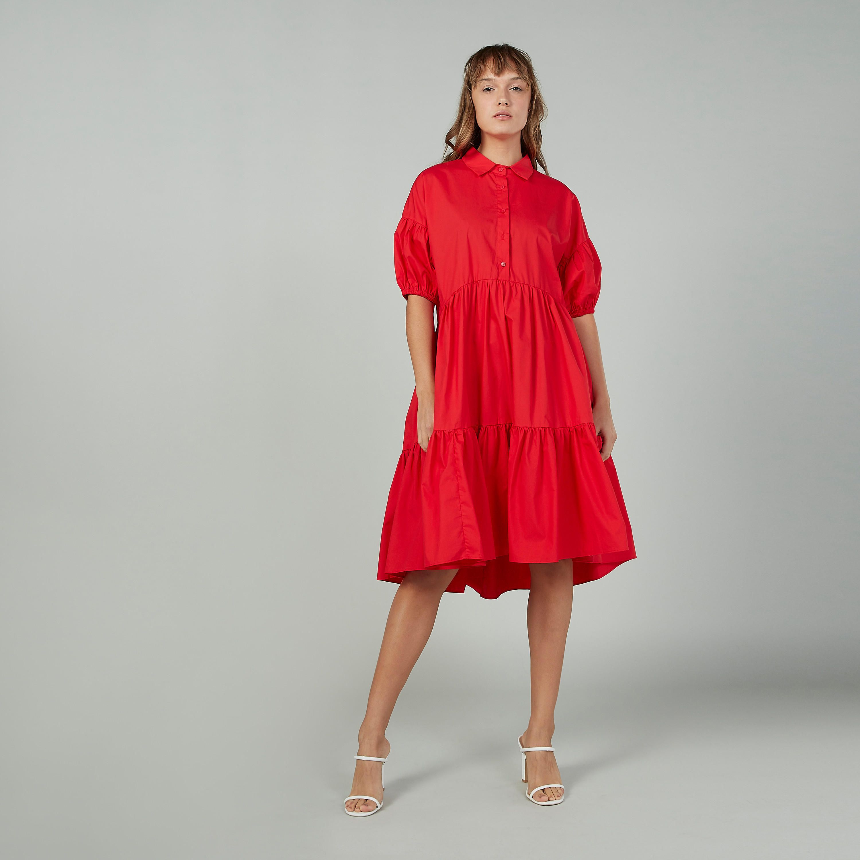 فستان سادة متوسط الطول إيه لاين بياقة عادية وأكمام 3/4-women-clothing-dresses-image-2