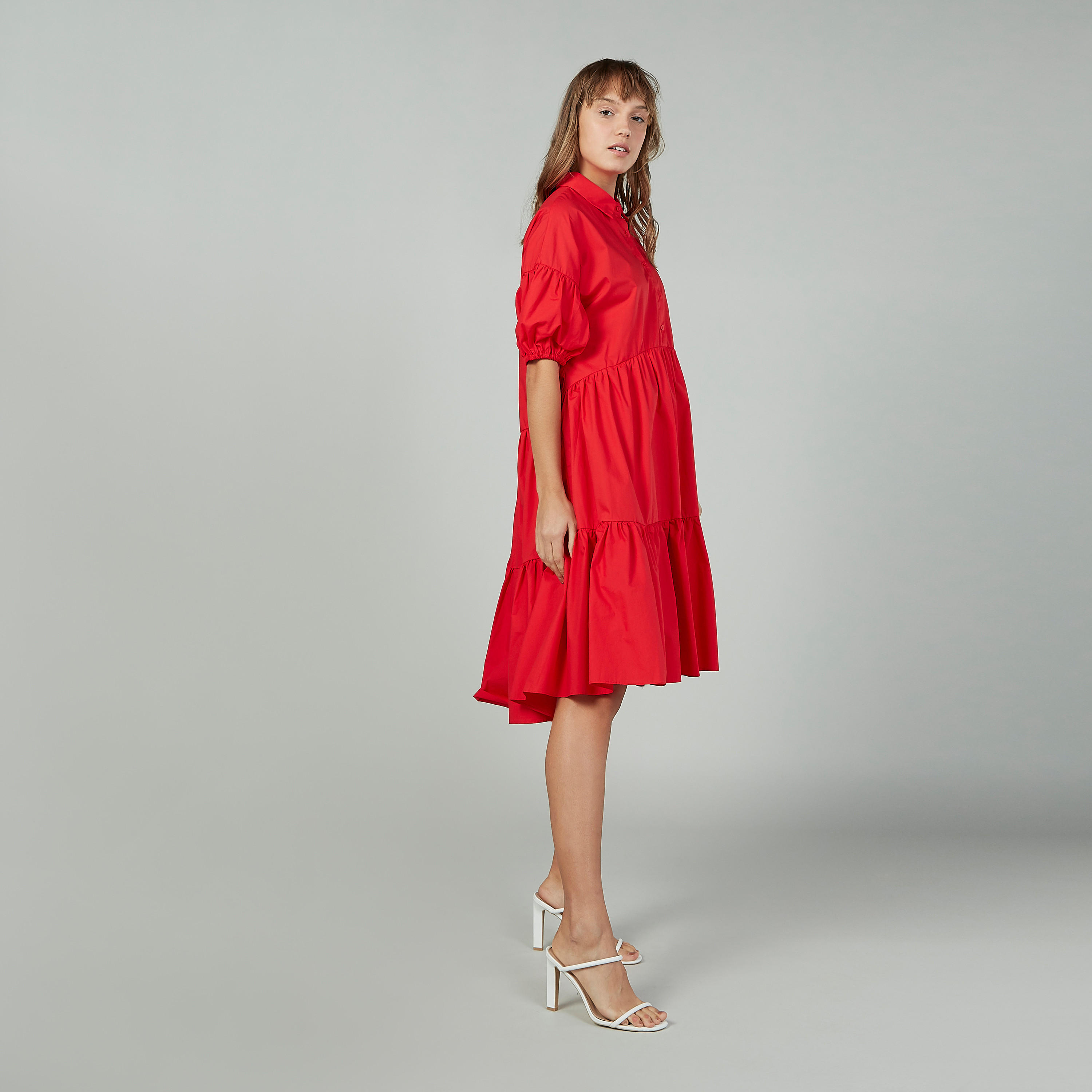فستان سادة متوسط الطول إيه لاين بياقة عادية وأكمام 3/4-women-clothing-dresses-image-3
