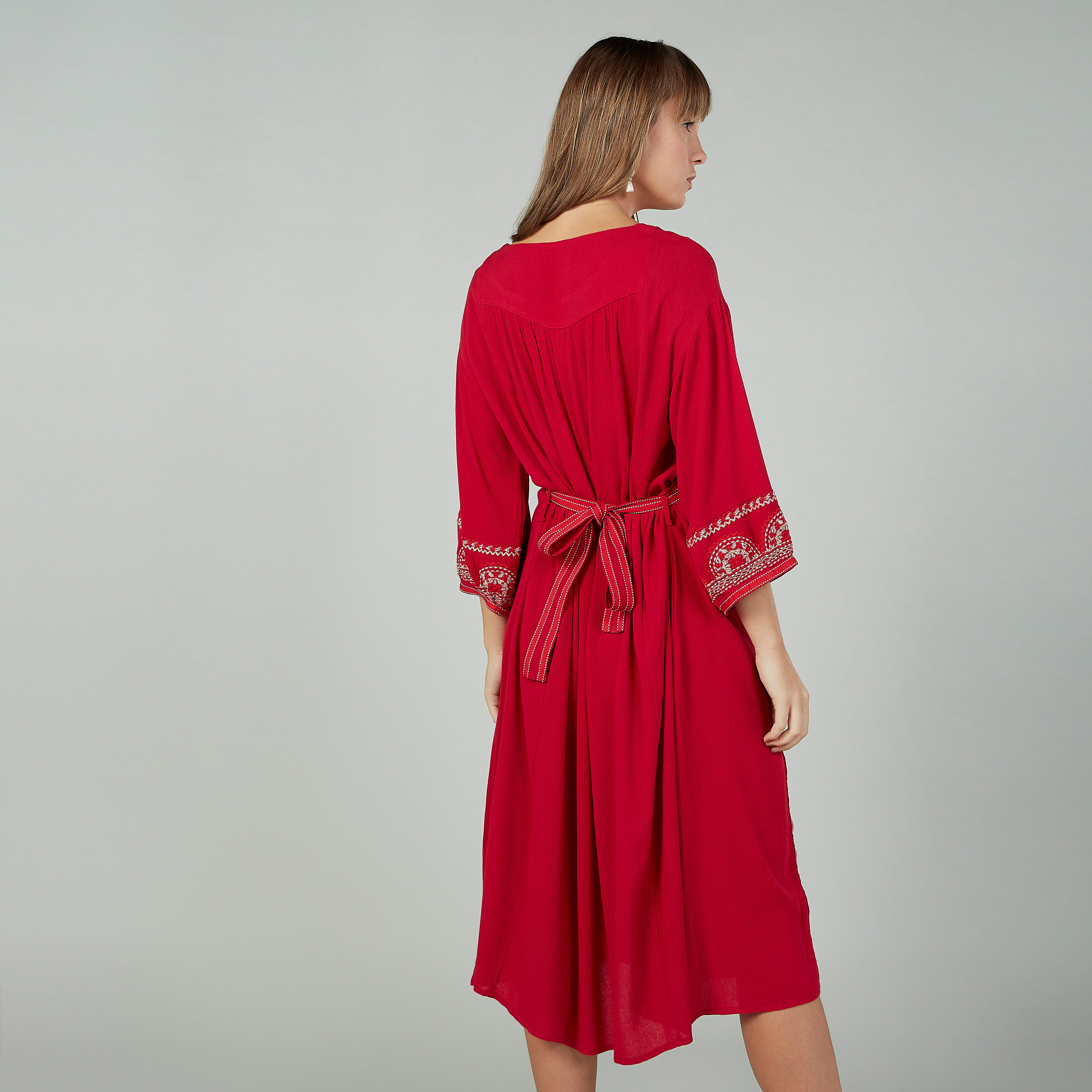 فستان مطرز متوسط الطول إيه لاين بأكمام 3/4 وأربطة-women-clothing-dresses-image-4