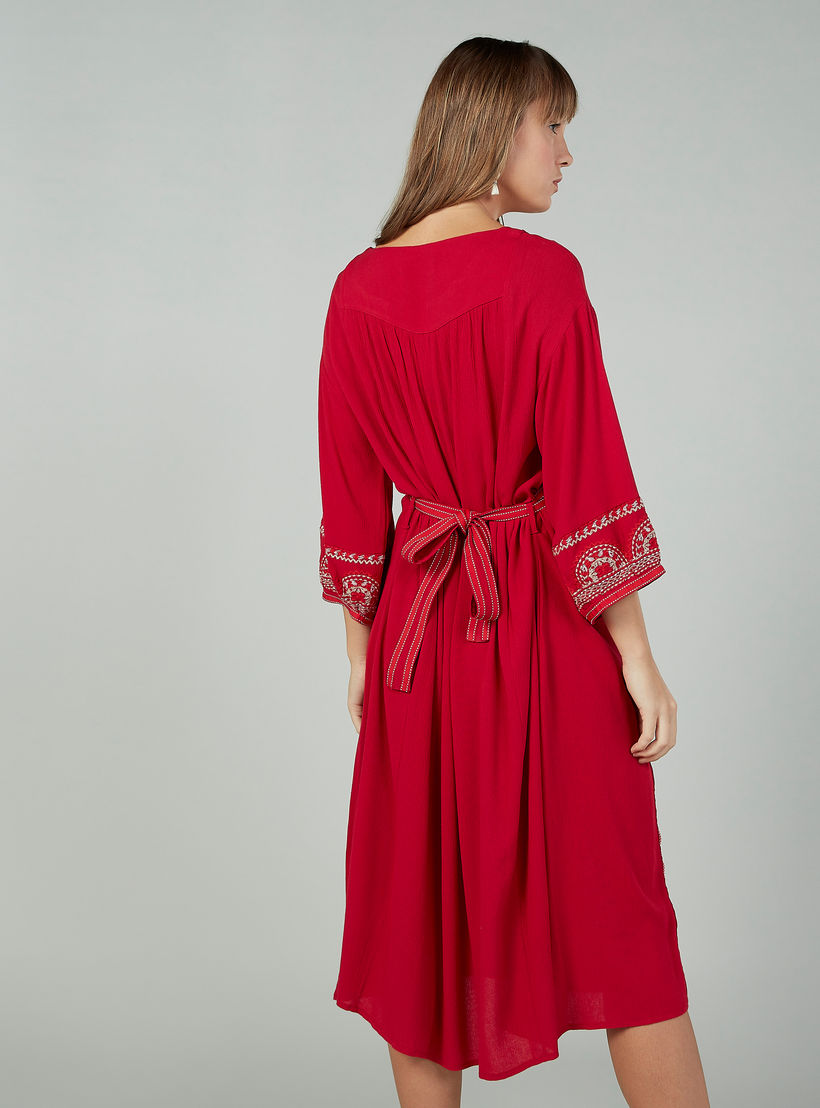 فستان مطرز متوسط الطول إيه لاين بأكمام 3/4 وأربطة-women-clothing-dresses-image-4