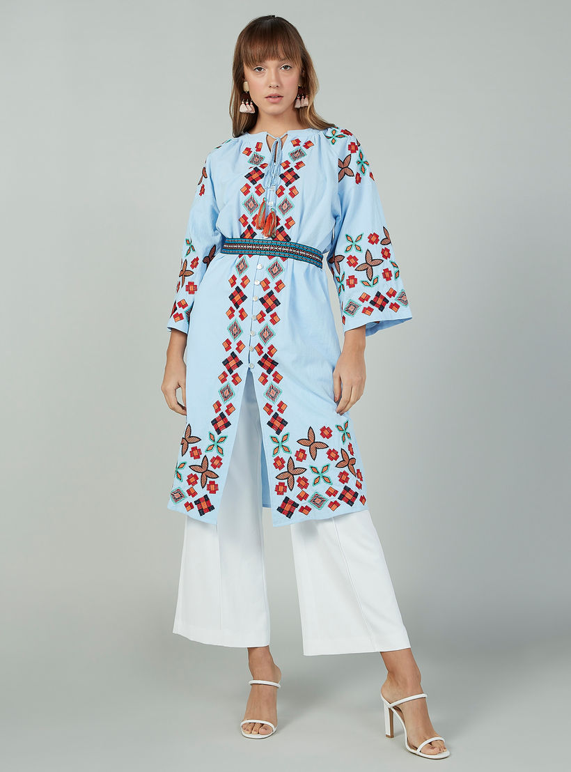 بلوزة تونيك مطرّزة بأكمام طويلة وأربطة-women-clothing-dresses-image-3
