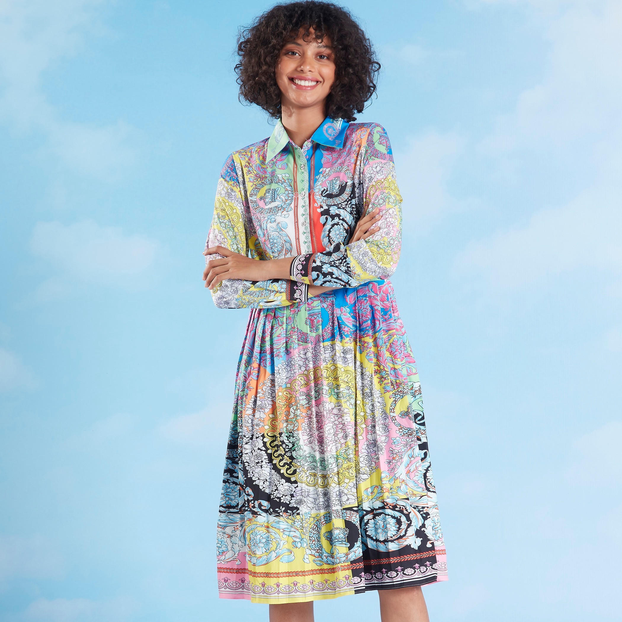 فستان متوسط الطول بقصة إيه لاين وأكمام طويلة وياقة عادية وطبعات-women-clothing-dresses-image-1