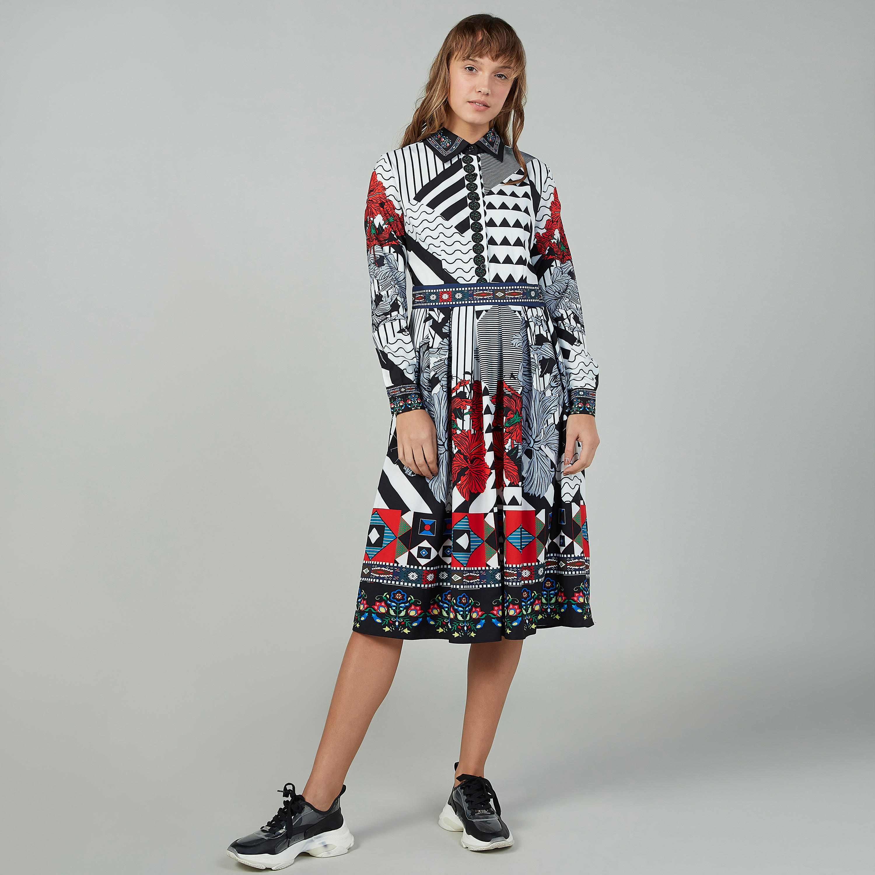 Printed Midi A-line Dress with Long Sleeves and Spread Collar-women-clothing-dresses-image-1
