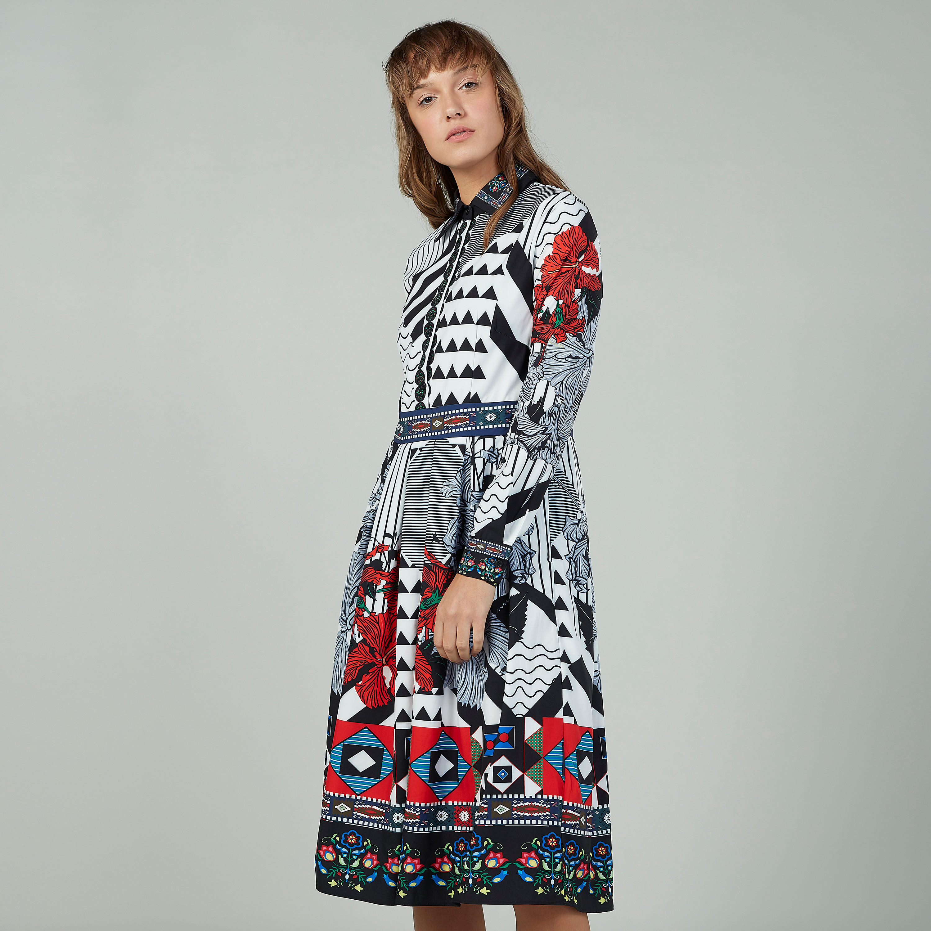 Printed Midi A-line Dress with Long Sleeves and Spread Collar-women-clothing-dresses-image-2